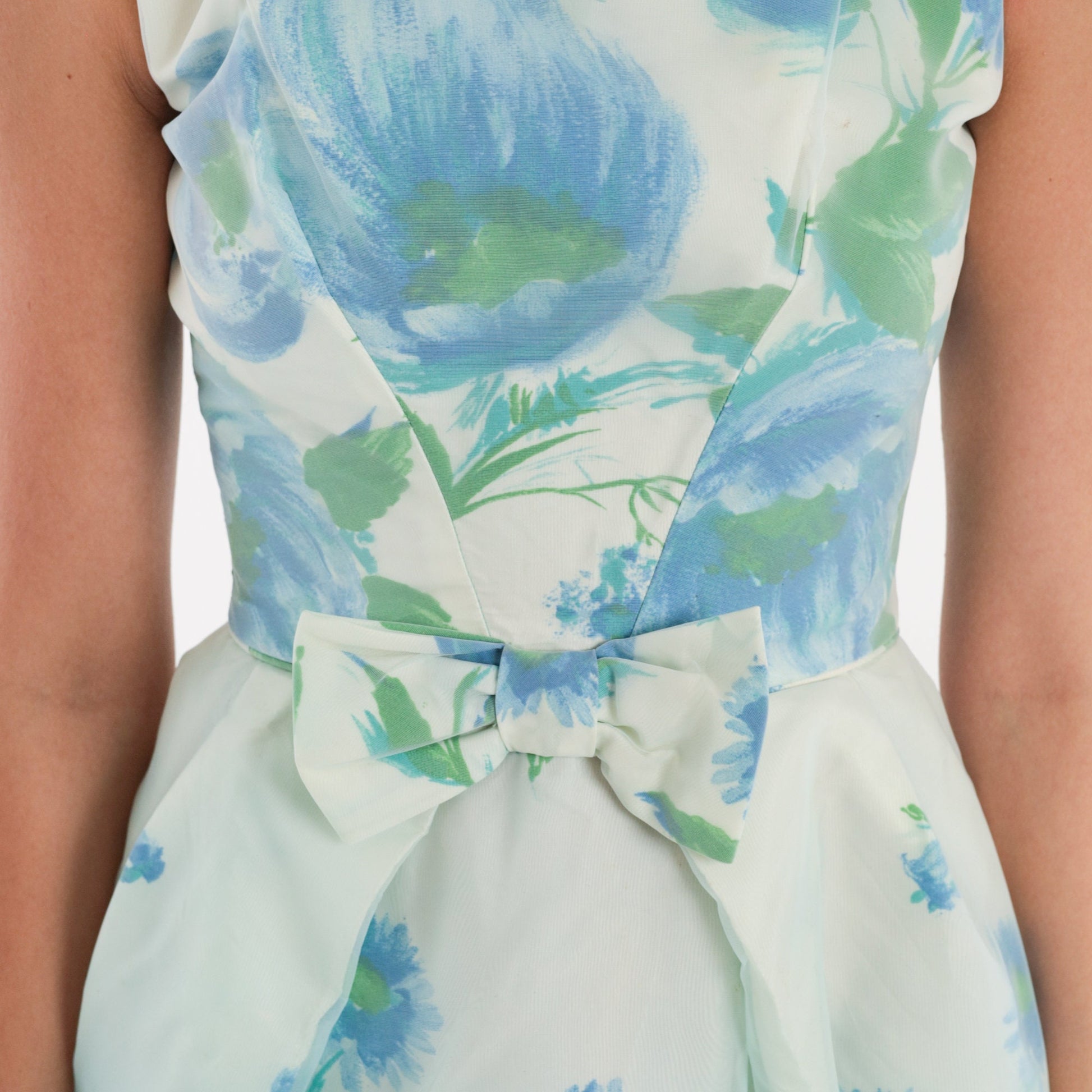 1960s White Floral Blue Mini Dress Bow Waist Sleeveless XXS