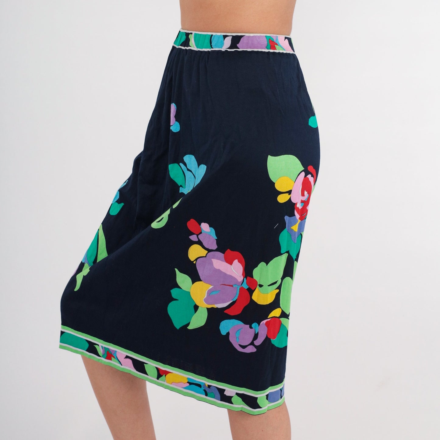 70s Leonard Floral Midi Skirt Navy High Waist Cotton Small