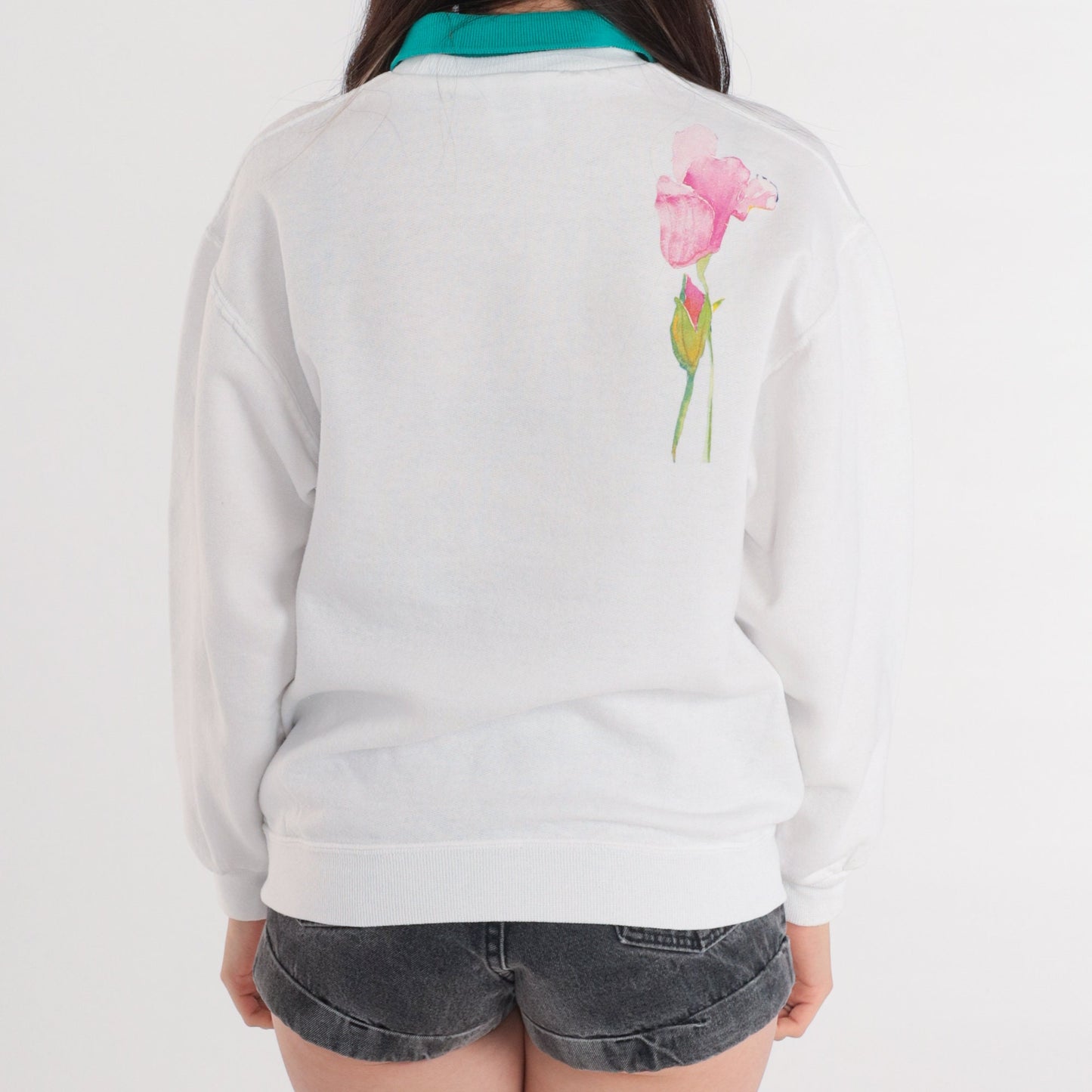 00s Jerzees Watercolor Floral Sweatshirt White Green Collar Medium