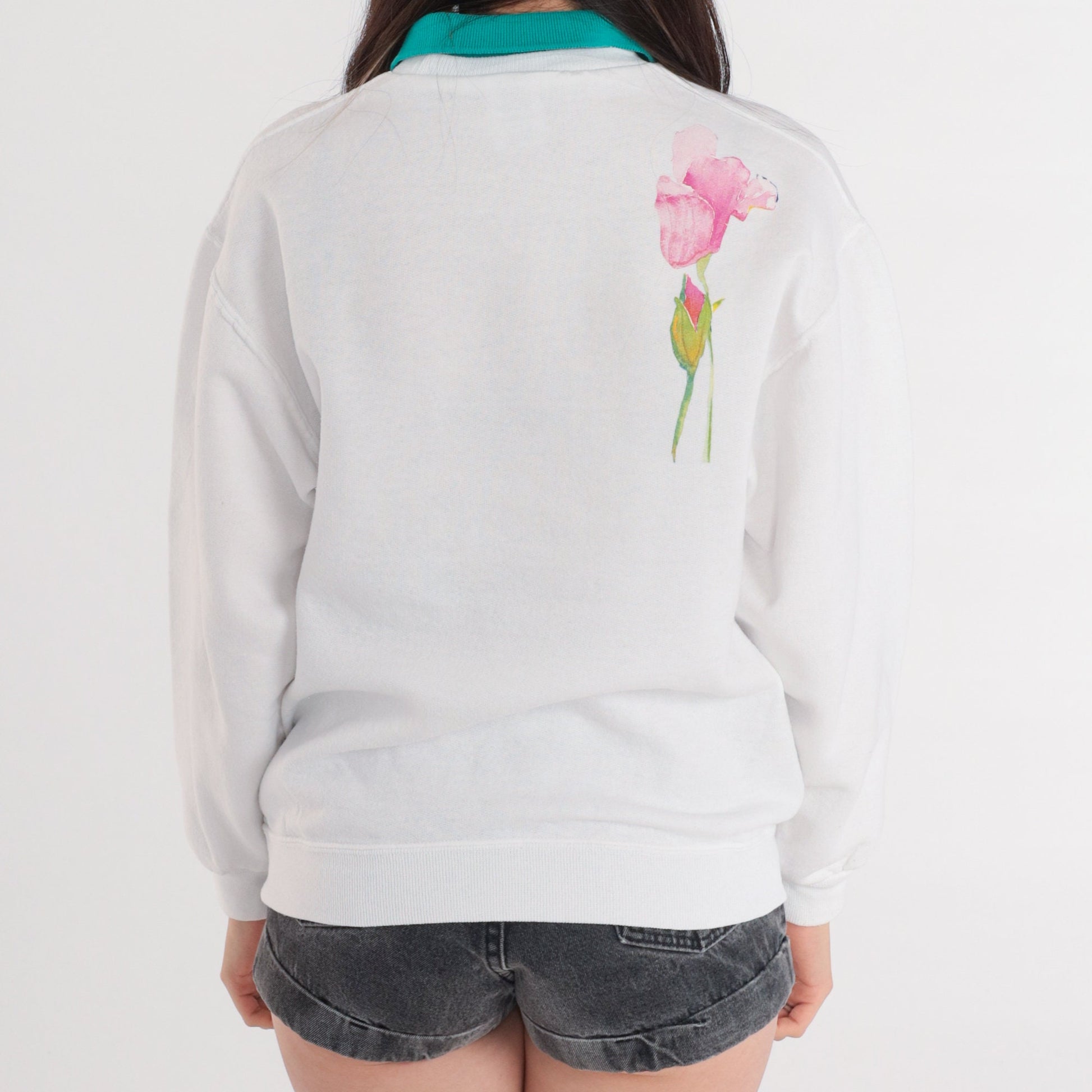 00s Jerzees Watercolor Floral Sweatshirt White Green Collar Medium