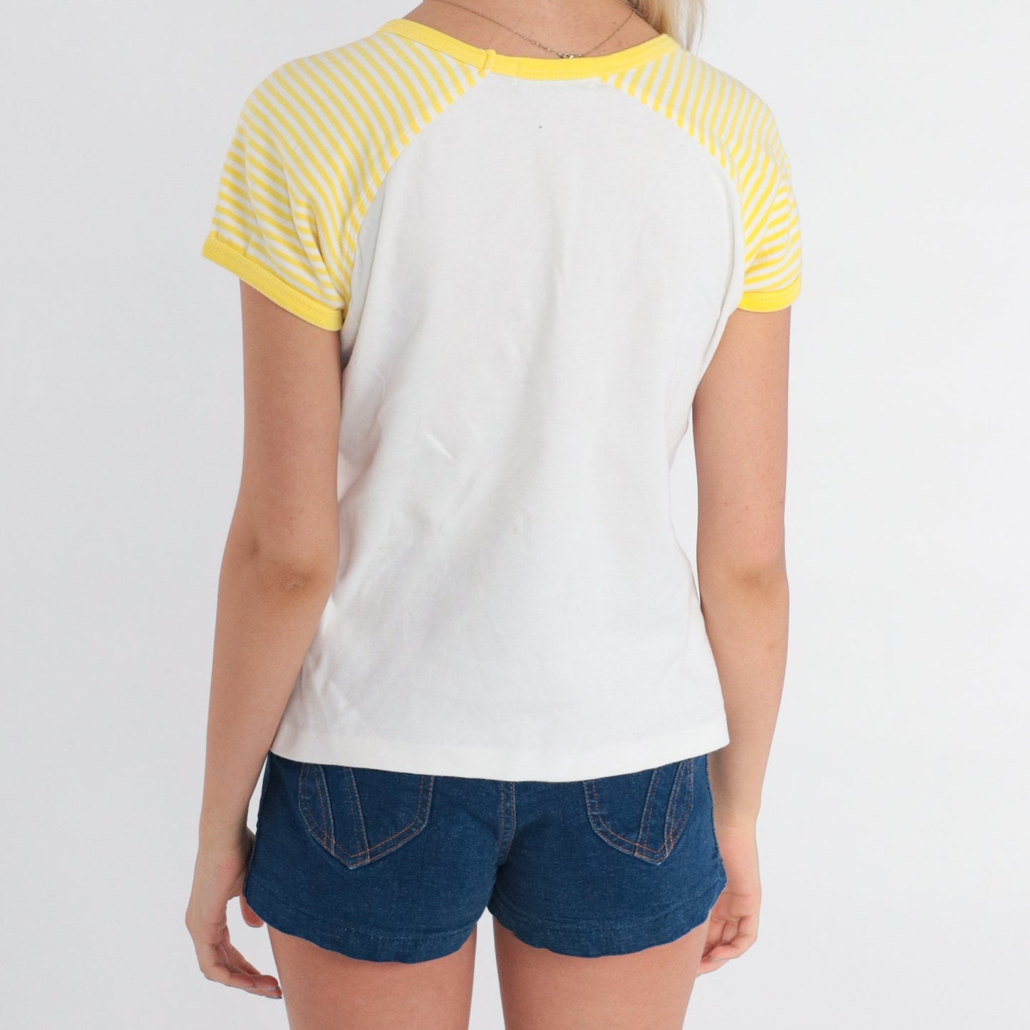 80s Sailboat Helm Graphic Ringer Tee Yellow White Striped Small