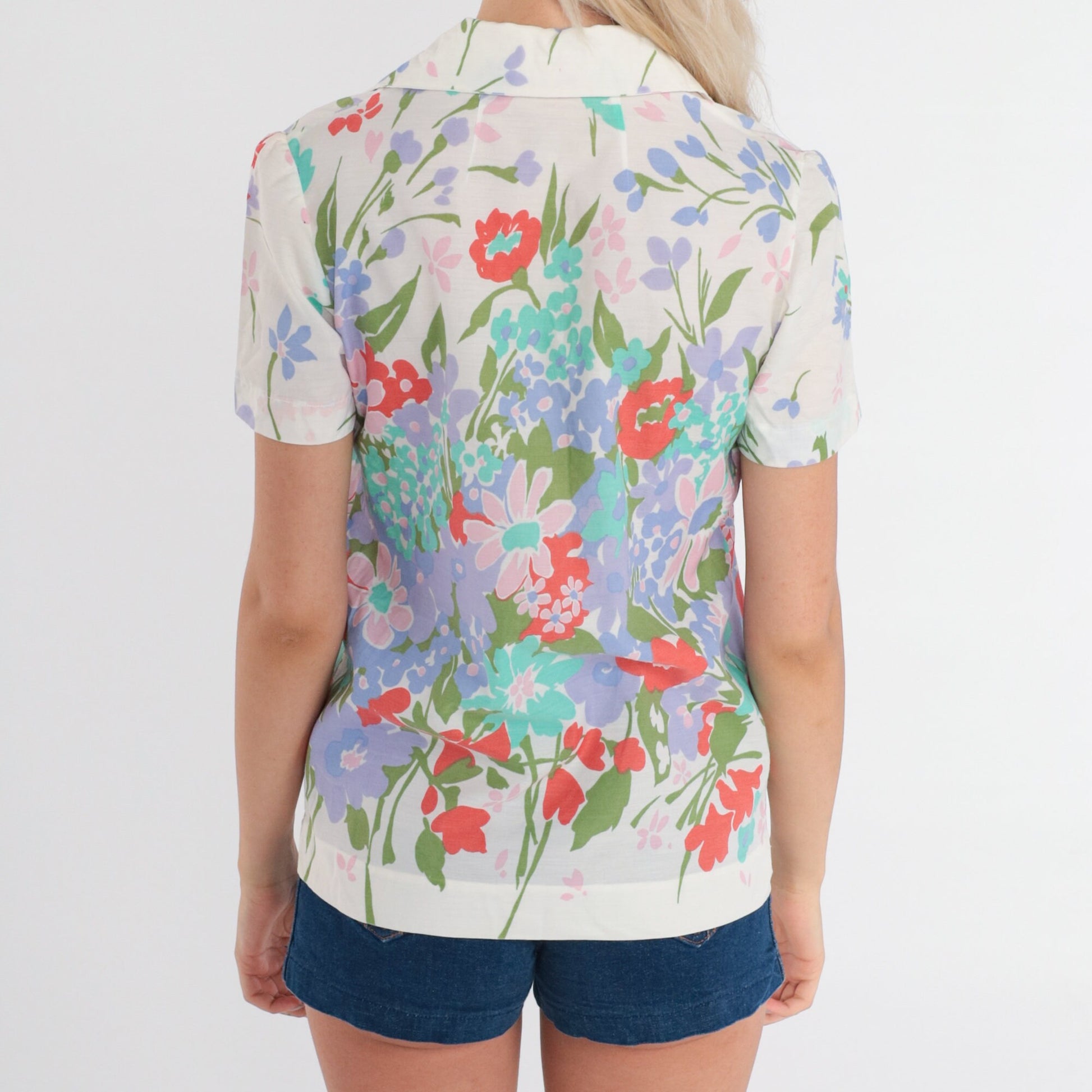 70s White Floral Puff Sleeve Blouse V Neck Tunic Extra Small XS