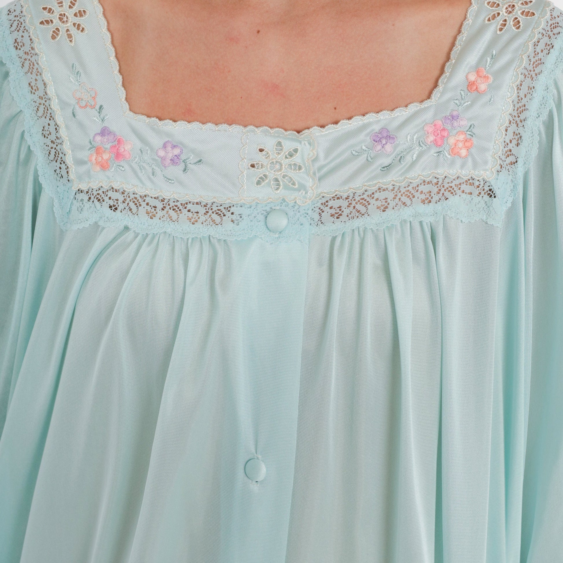 70s Blue Floral Embroidered Nylon Pajama Dress Midi Nightgown Large L