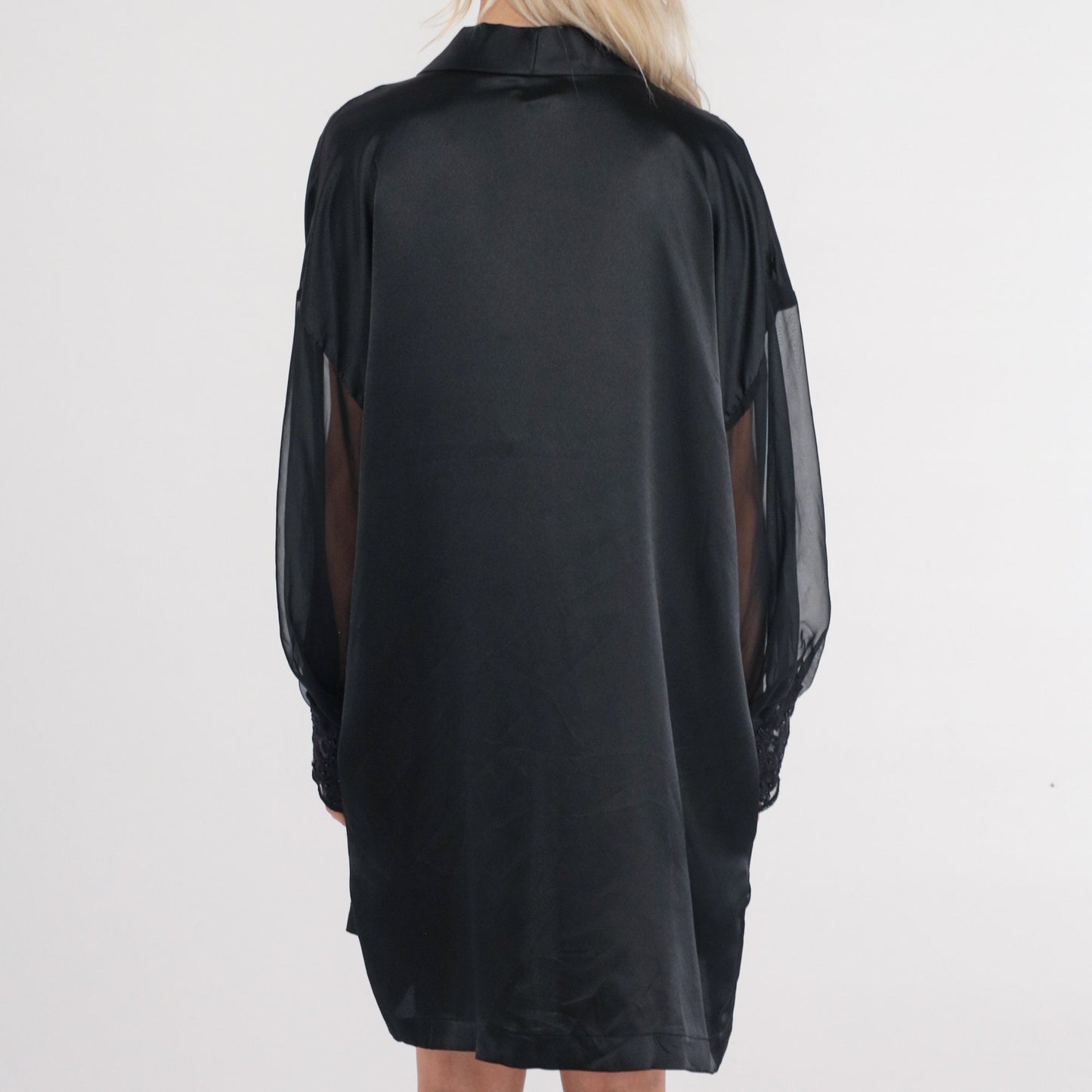 90s Black Bed Jacket Floral Lace Trim Open Front Robe Large L