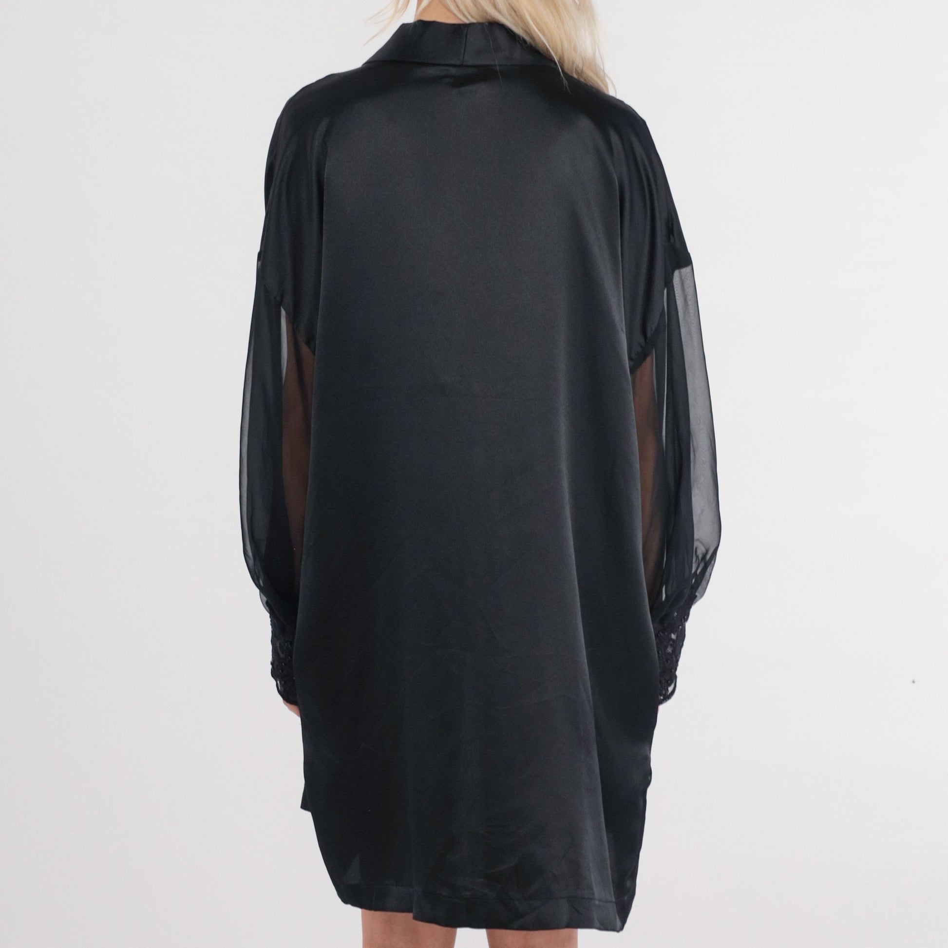 90s Black Bed Jacket Floral Lace Trim Open Front Robe Large L