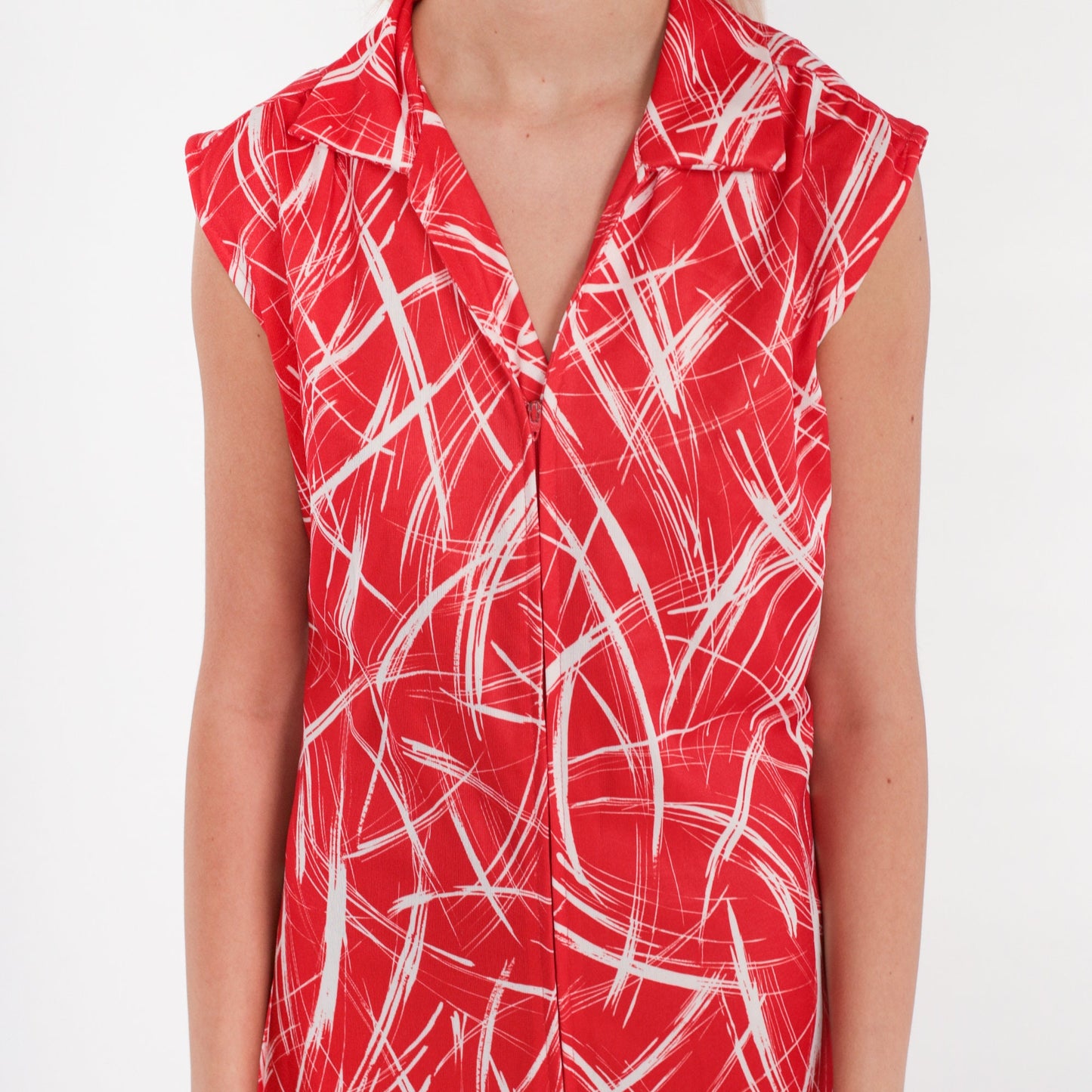 70s Red White Abstract Print Jumpsuit Wide Leg Sleeveless Zip Collar Medium