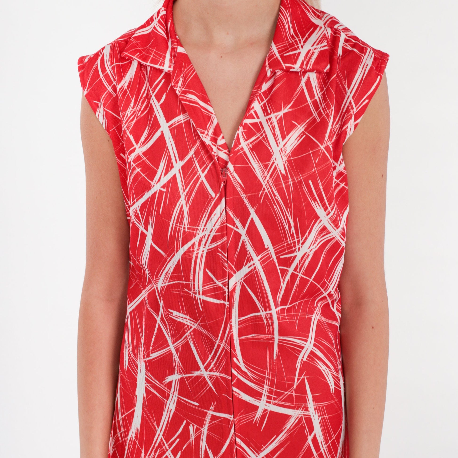 70s Red White Abstract Print Jumpsuit Wide Leg Sleeveless Zip Collar Medium