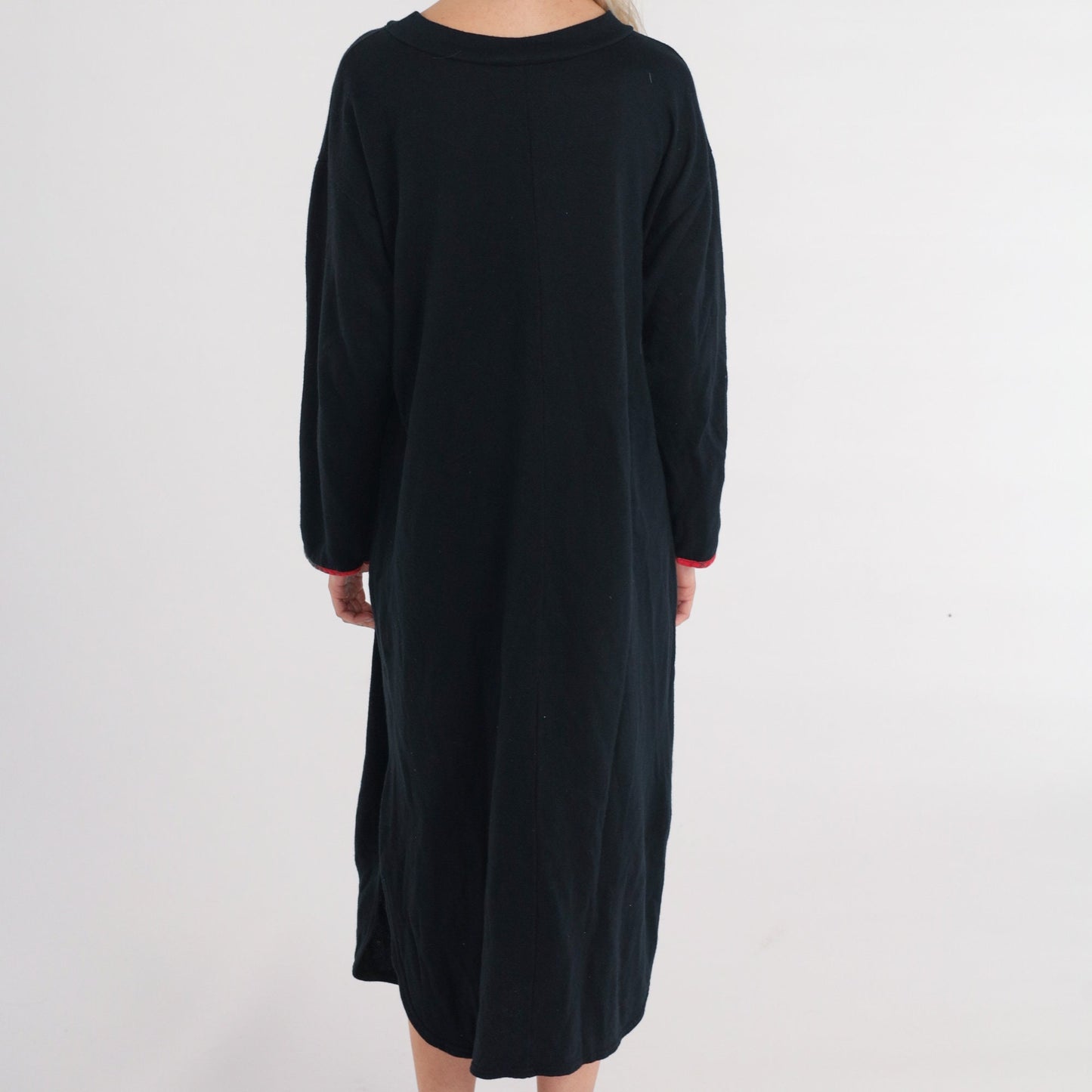 90s Bunny Pajama Dress Black Plaid Pocket Midi Nightgown Long Sleeve Small