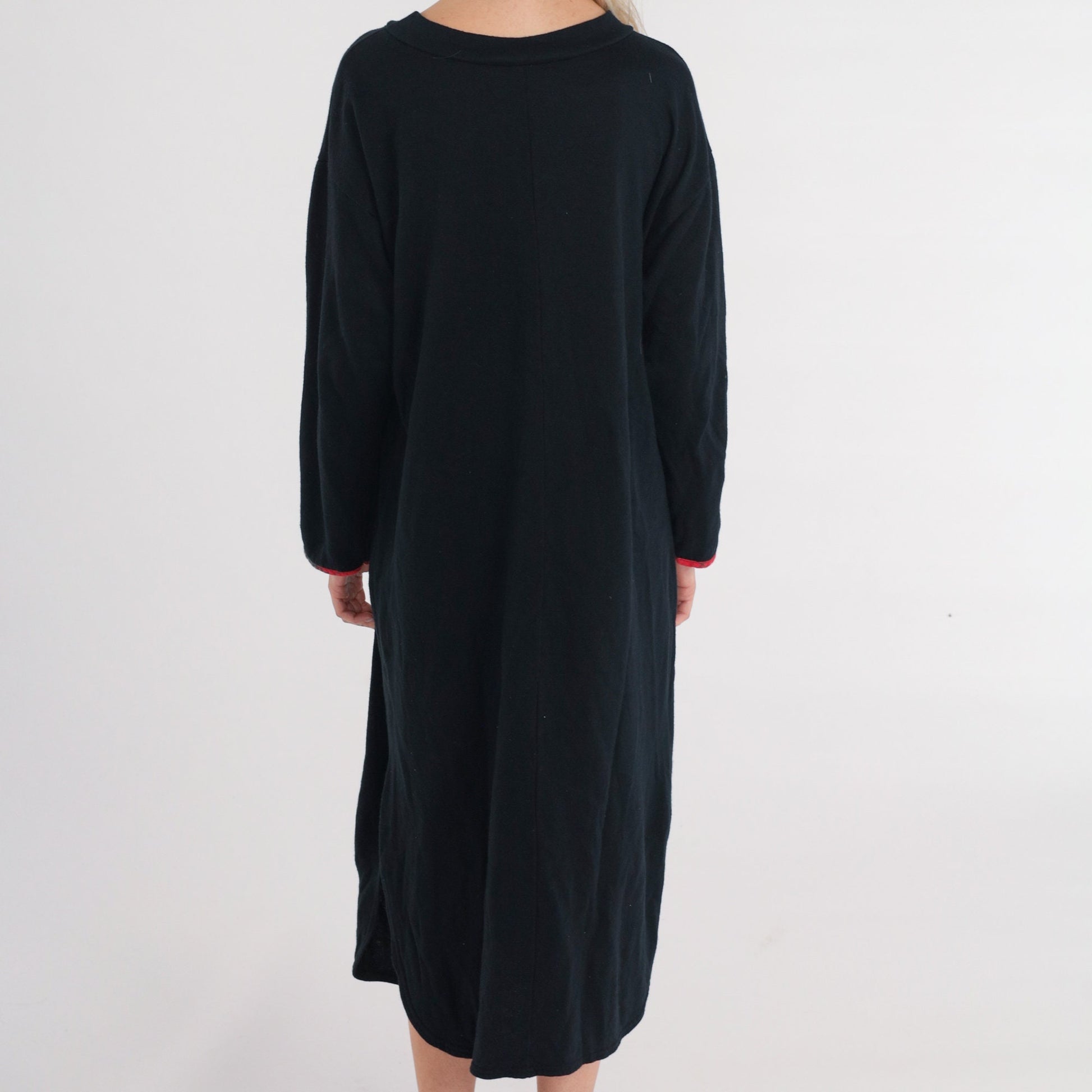 90s Bunny Pajama Dress Black Plaid Pocket Midi Nightgown Long Sleeve Small