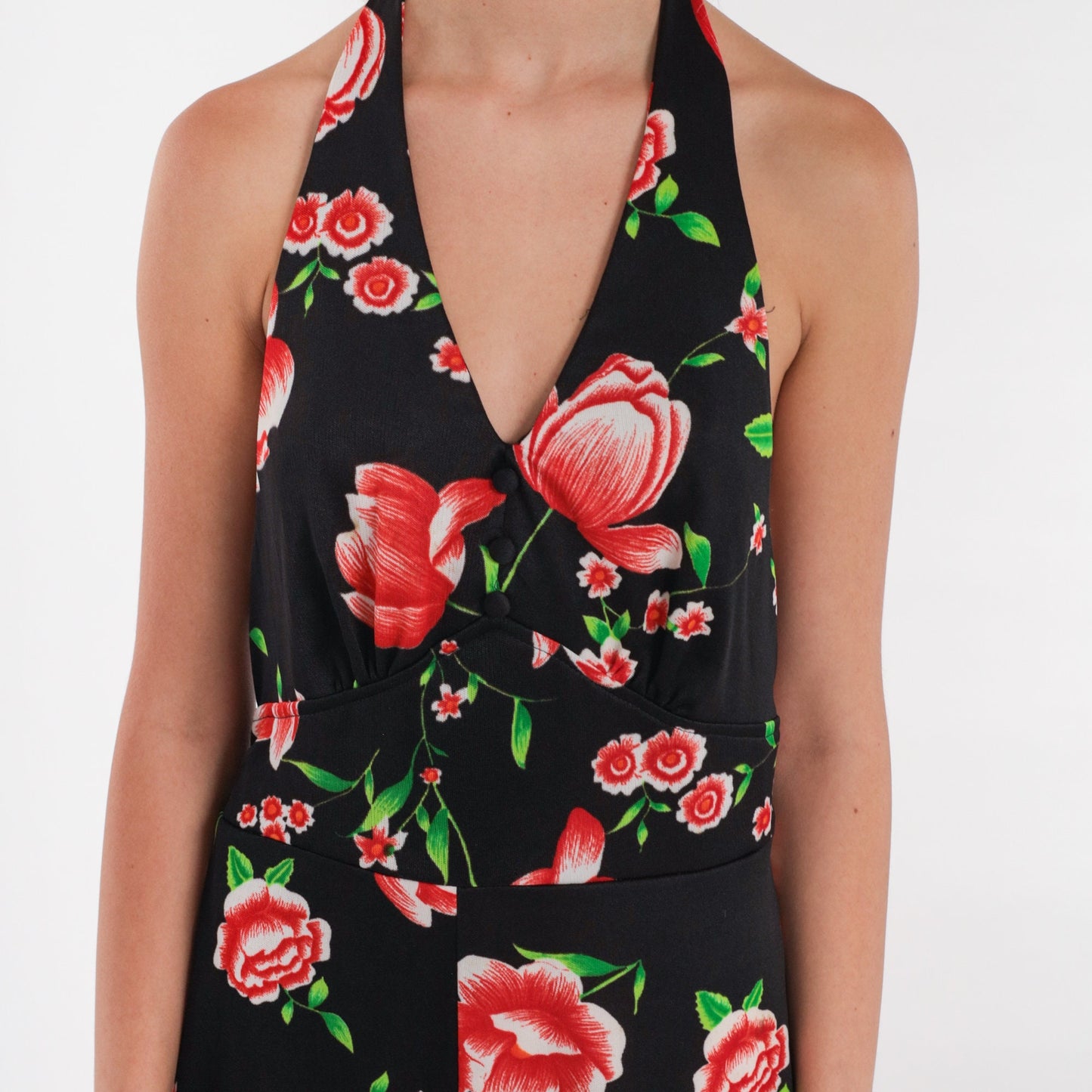 70s Black Floral Halter Jumpsuit Bell Bottom Wide Leg Medium M