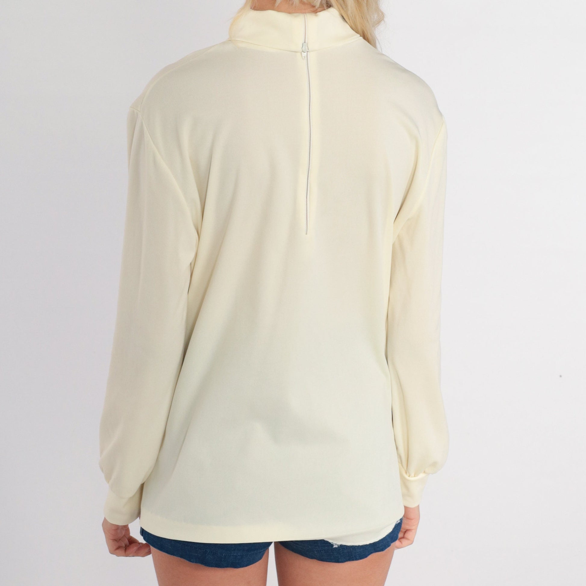 70s Cream Mock Neck Blouse Long Balloon Sleeve Shirt Large L