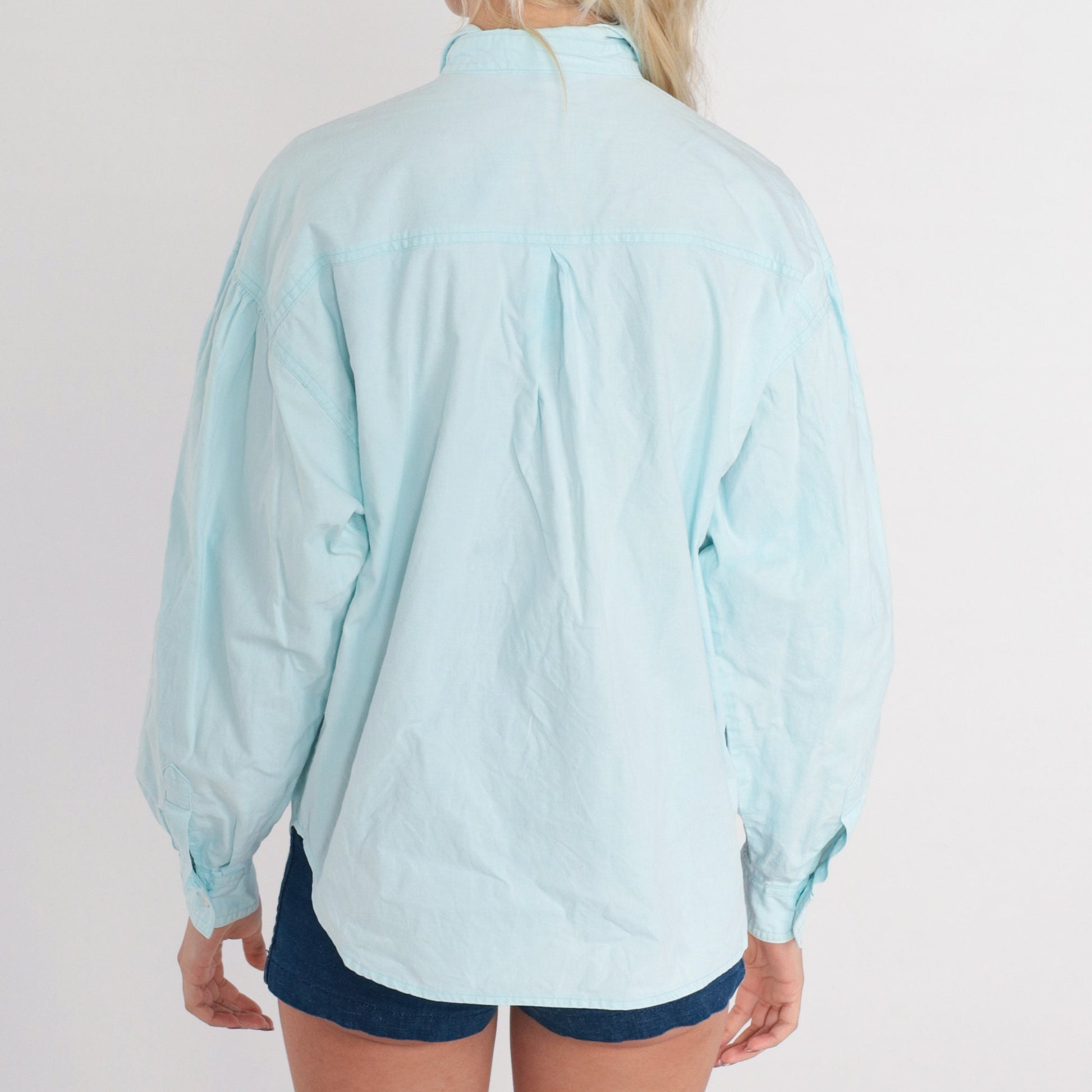 90s Light Blue Cotton Oxford Button-Up Shirt Long Sleeve Medium