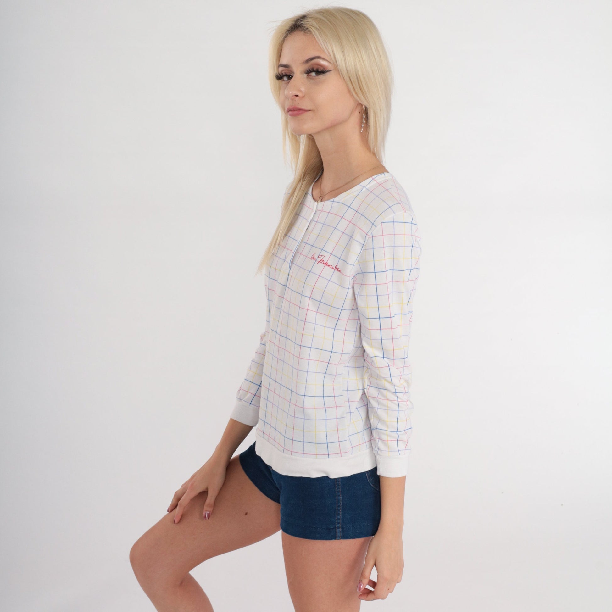 80s San Francisco Checkered Snap Shirt White Long Sleeve Small