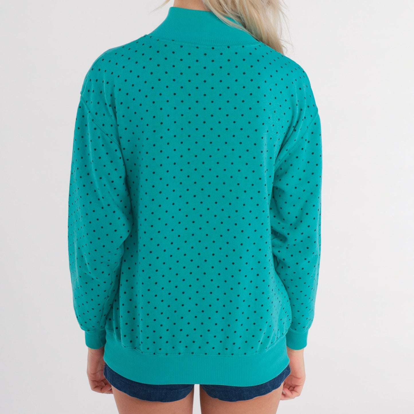 90s Polka Dot Mock Neck Sweatshirt Turquoise Green Small S