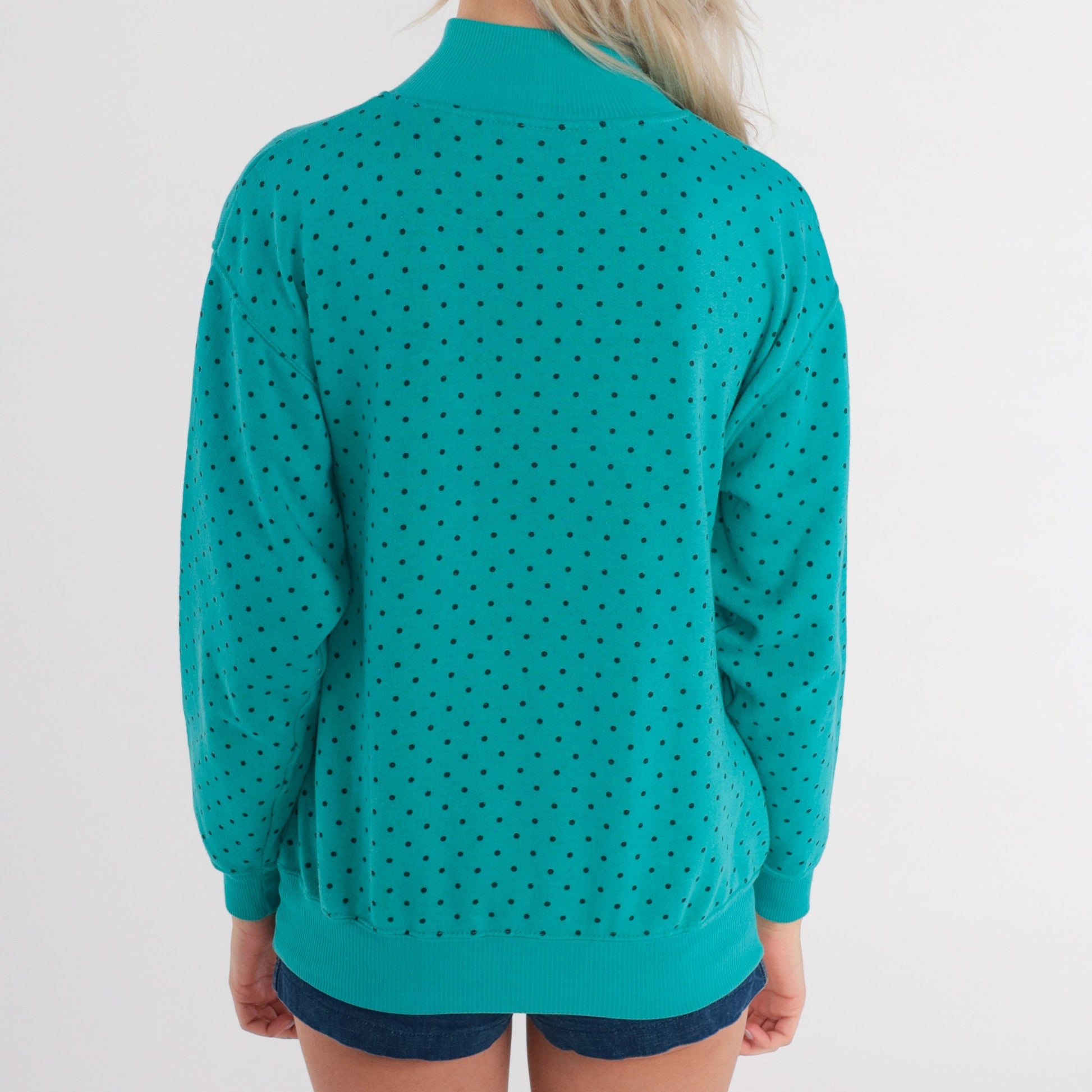 90s Polka Dot Mock Neck Sweatshirt Turquoise Green Small S