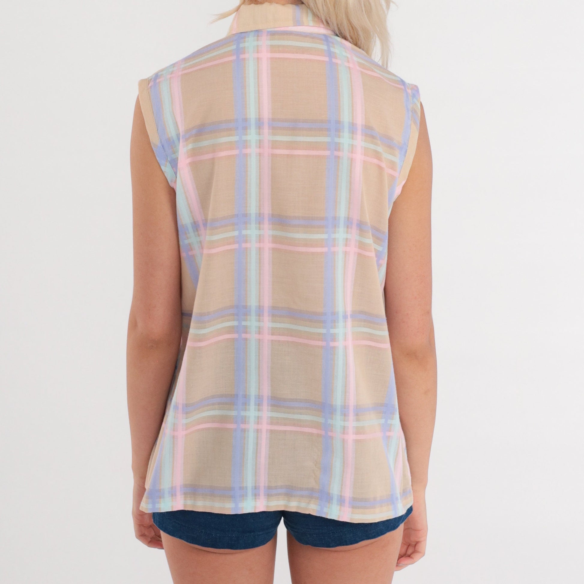 80s Tan Plaid Sleeveless Button-Up Blouse Pastel Pink Purple Check Medium
