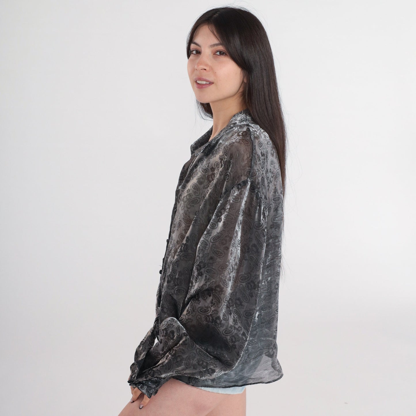 90s Iridescent Paisley Button-Up Blouse Pewter Sheer Long Sleeve Plus Size 26W