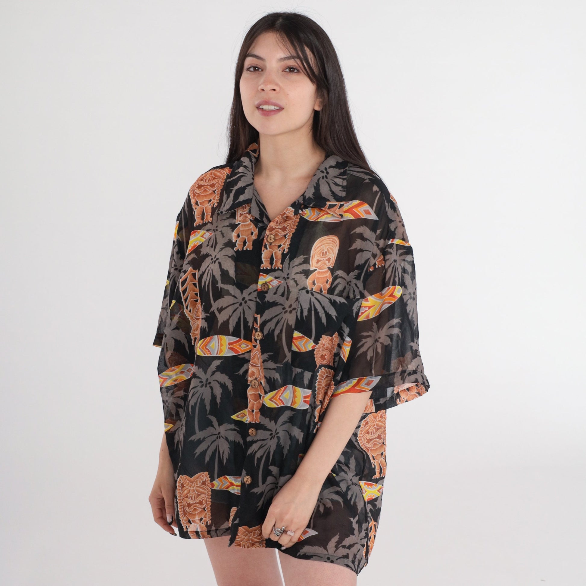 Y2K Hawaiian Tiki Surfboard Button-Up Shirt Black Extra Large XXL