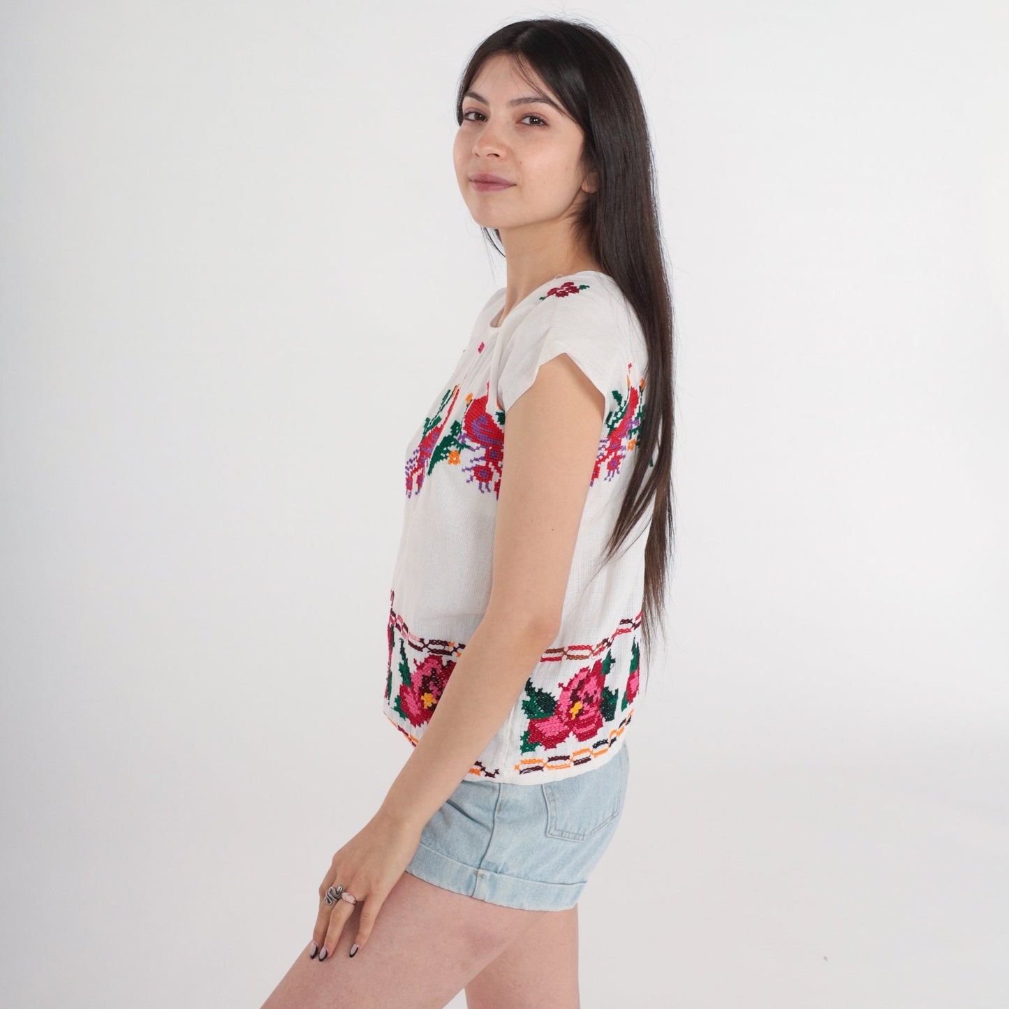 1990s Mexican Embroidered Peacock Blouse White Cotton Tunic Extra Small