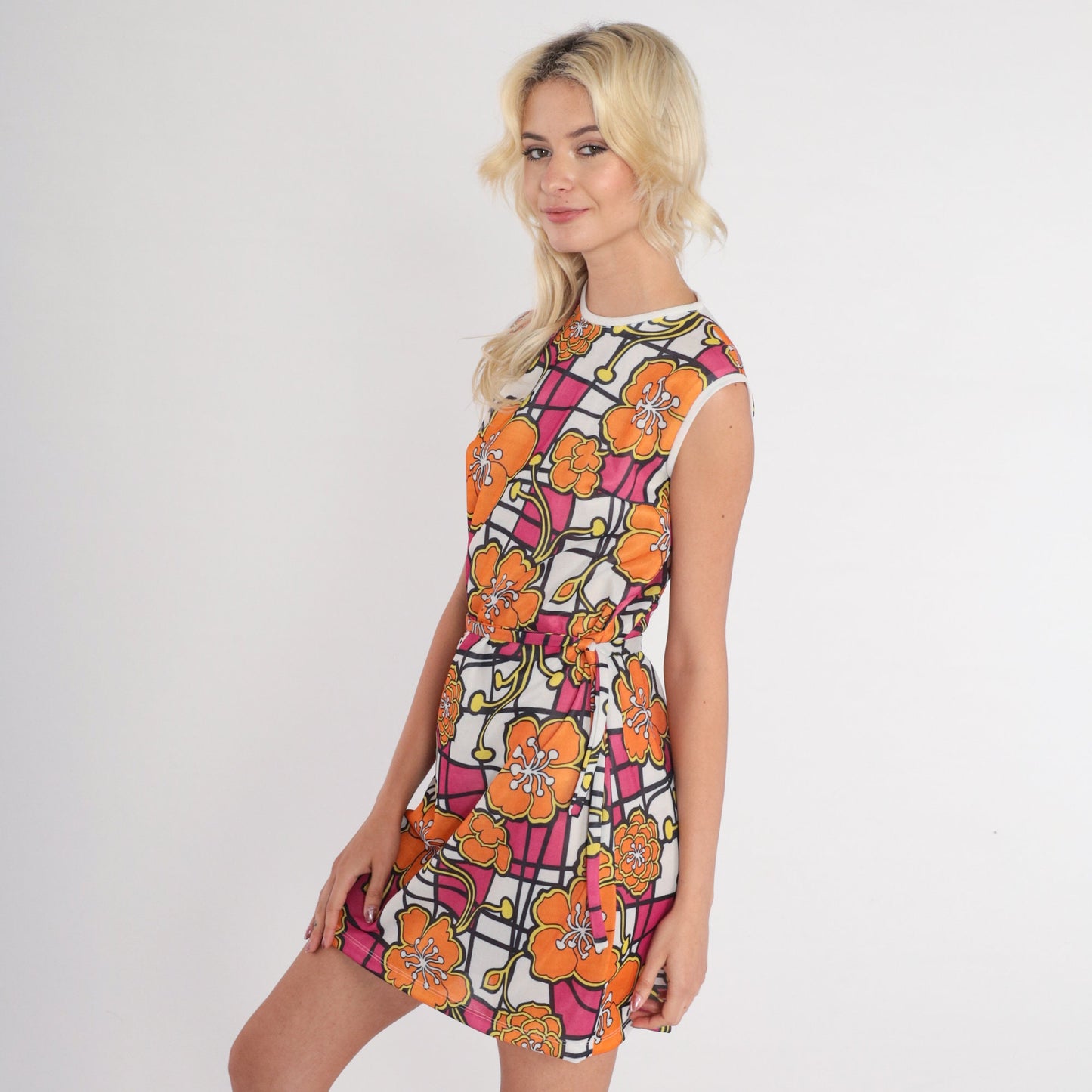 70s Floral Checkered Shift Mini Dress Sleeveless Tropical Print Small S