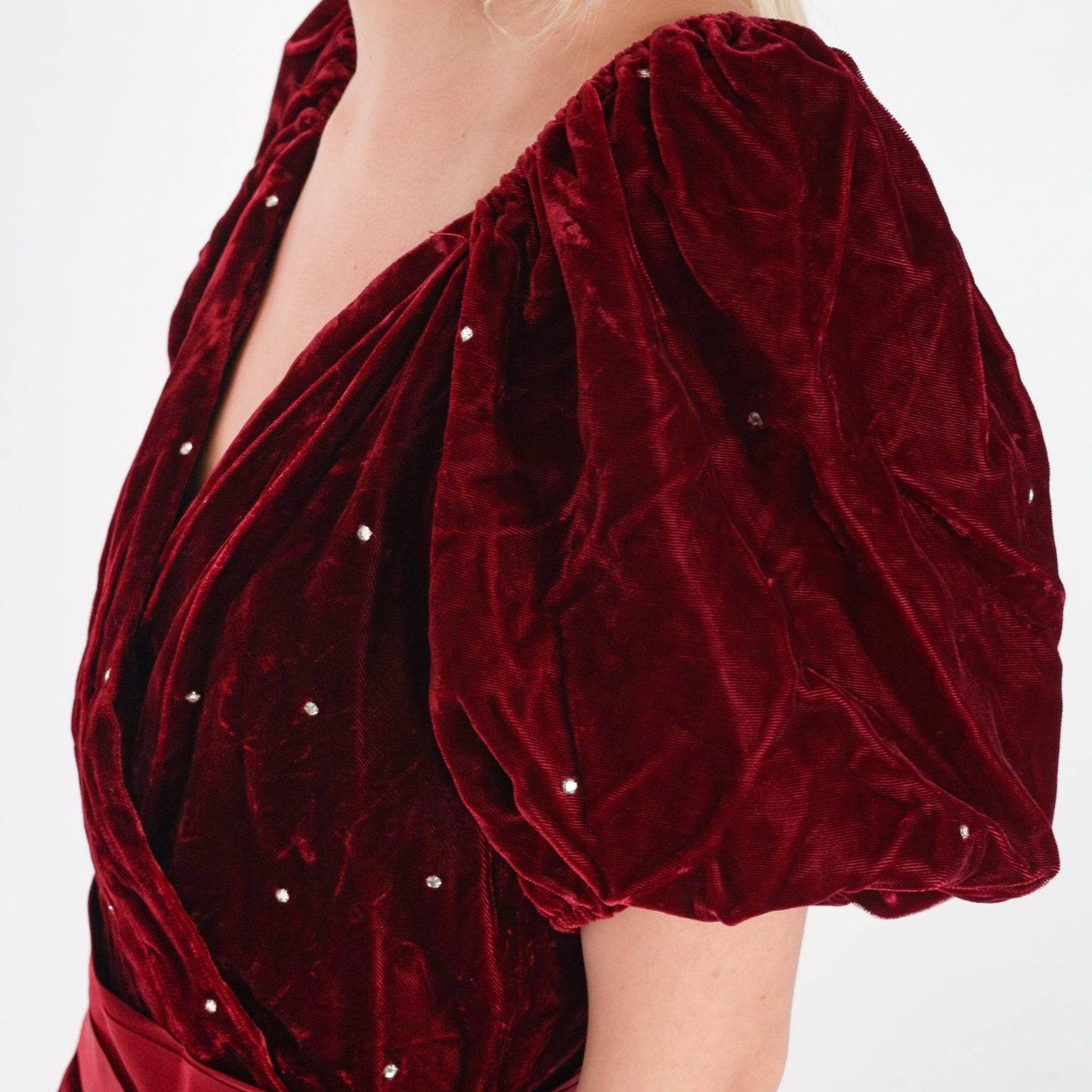 80s Burgundy Velvet Midi Dress Rhinestone Puff Sleeve V-Neck Small