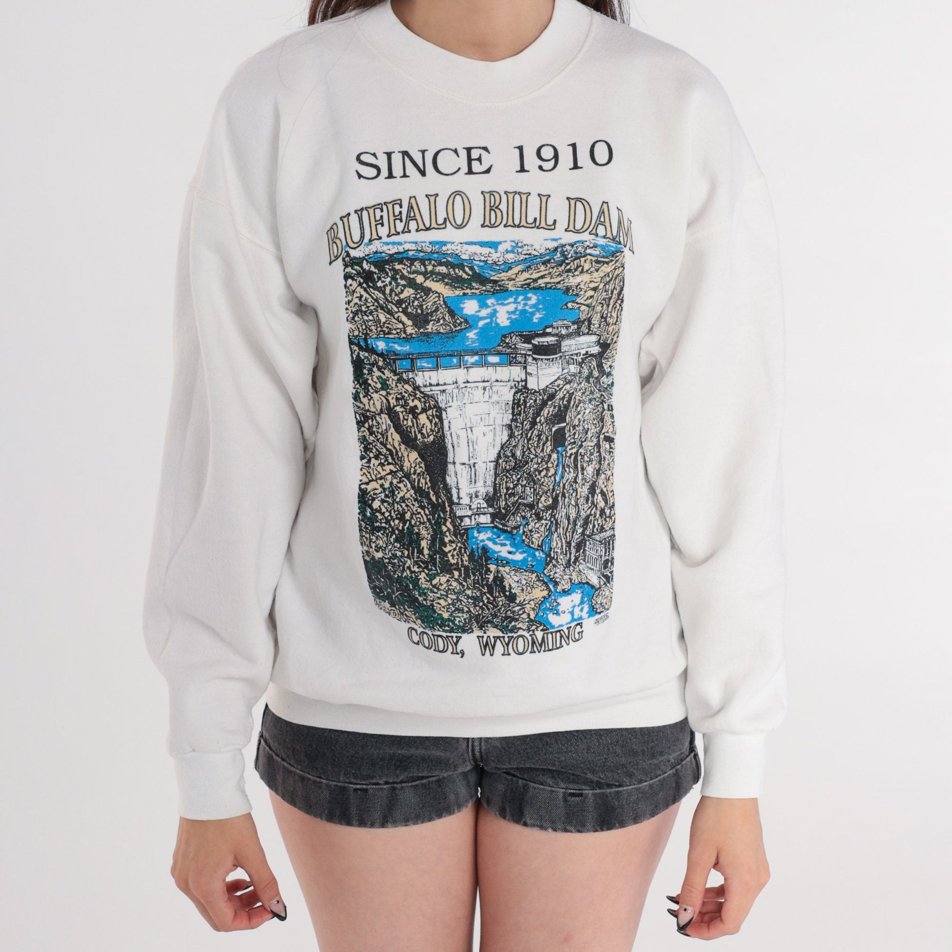 90s Buffalo Bill Dam Cody Wyoming Graphic Sweatshirt White Medium