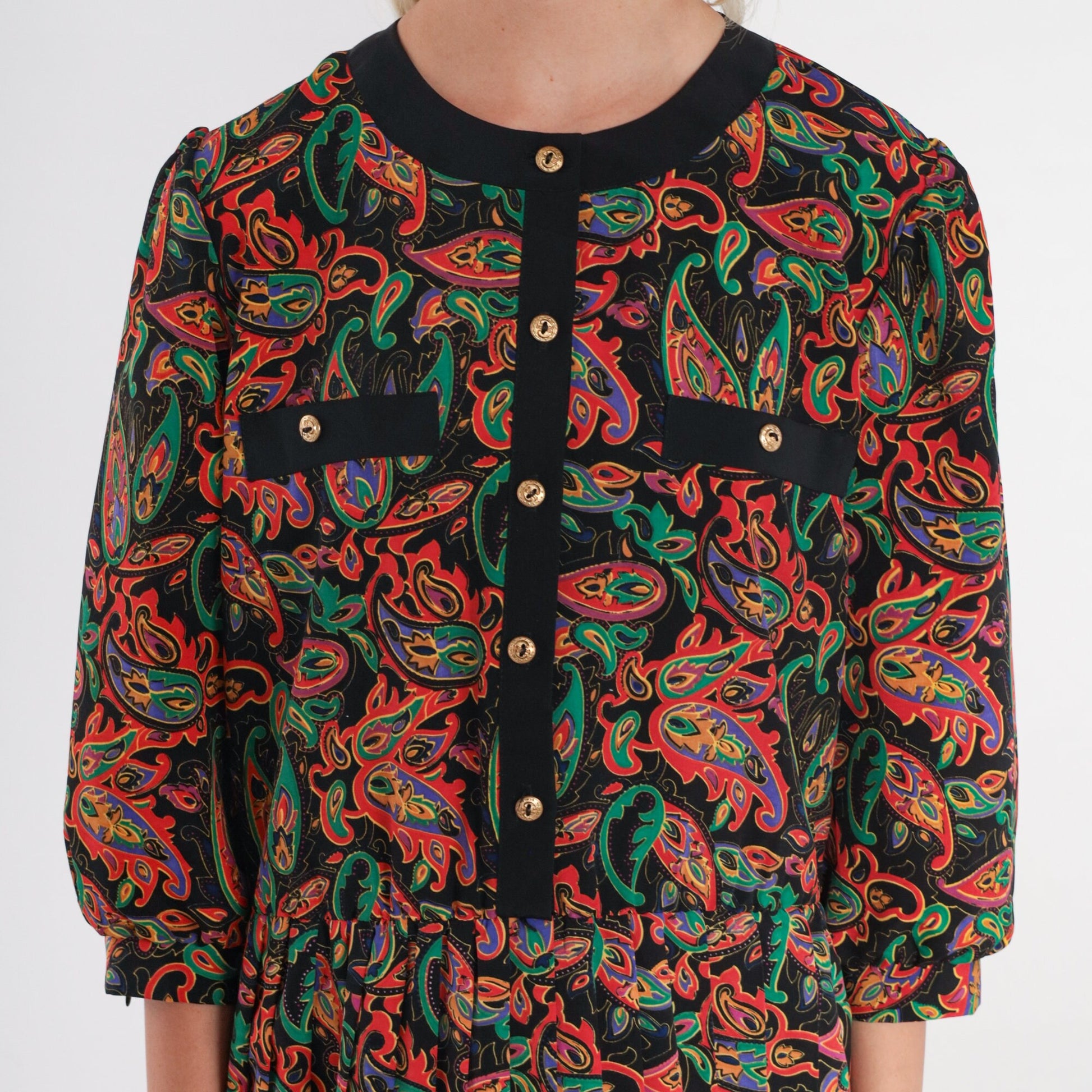 80s Black Paisley Midi Dress Puff Sleeve Button-Up Shirtwaist Medium M