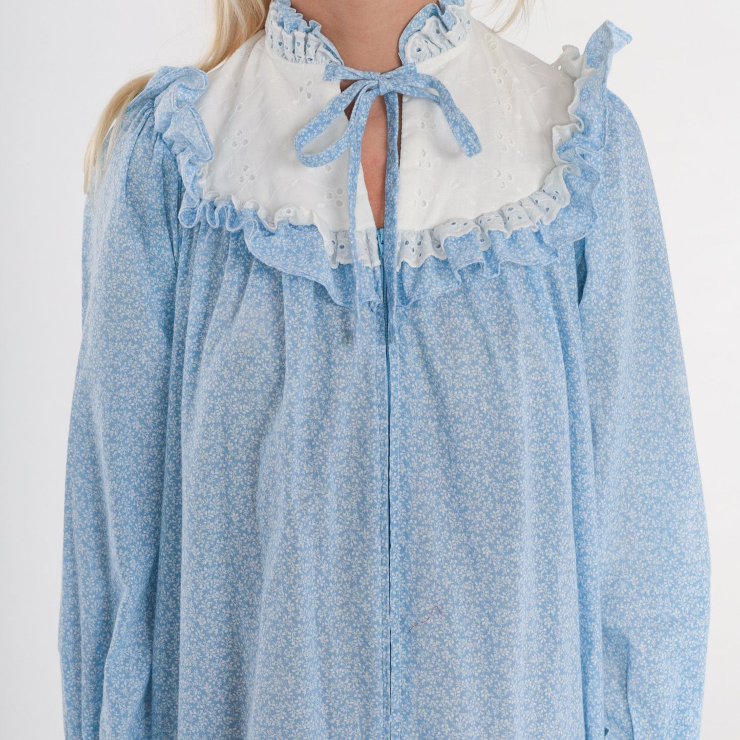 80s Blue Floral Mini Dress Eyelet Bib Puff Sleeve Calico Extra Small