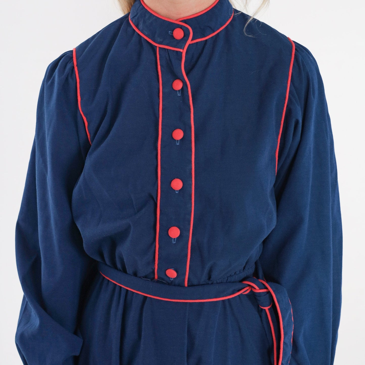 80s Navy Blue Shirtwaist Dress Puff Sleeve Mock Neck Belted Knee Length Extra Small
