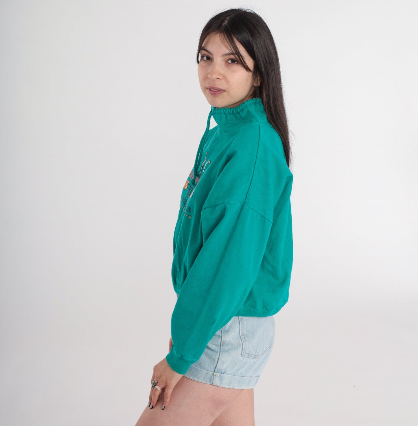 90s Internationale Bleu Nautical Cotton Sweatshirt Green Funnel Neck Small Medium