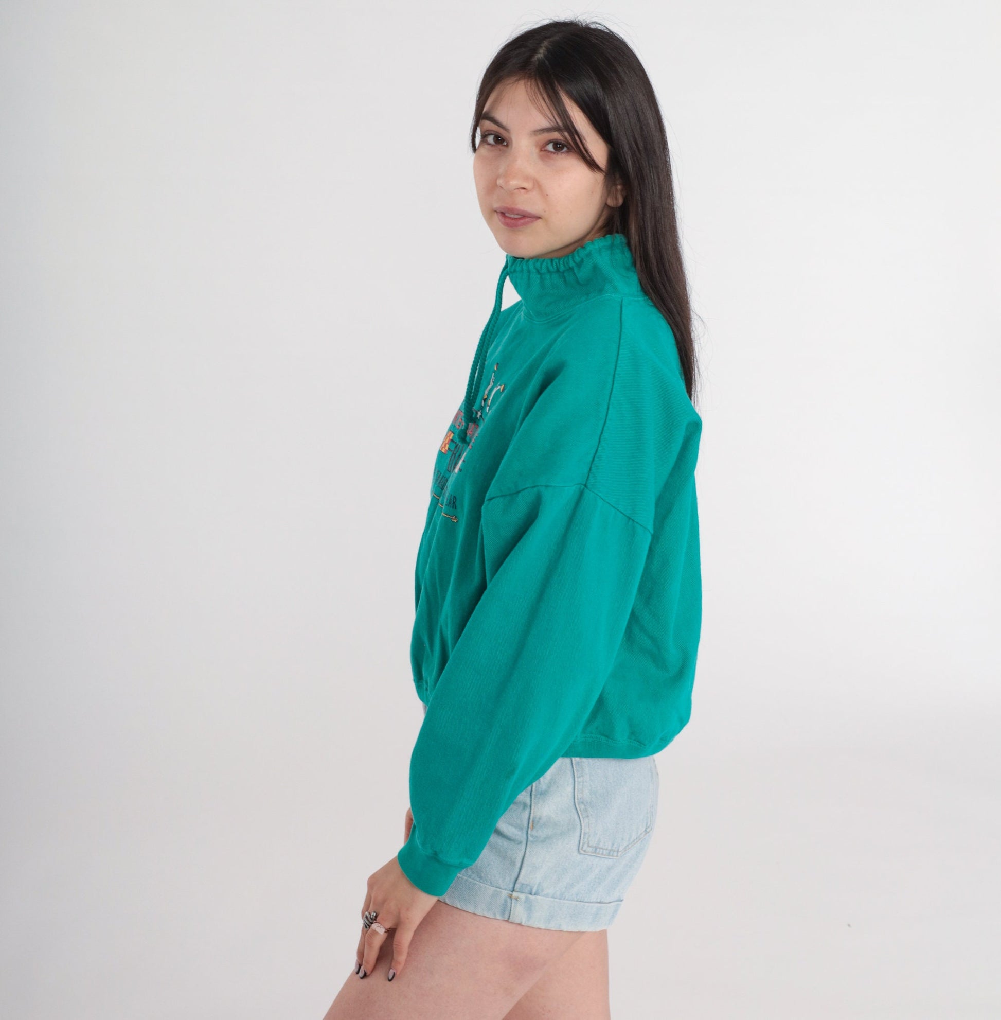 90s Internationale Bleu Nautical Cotton Sweatshirt Green Funnel Neck Small Medium