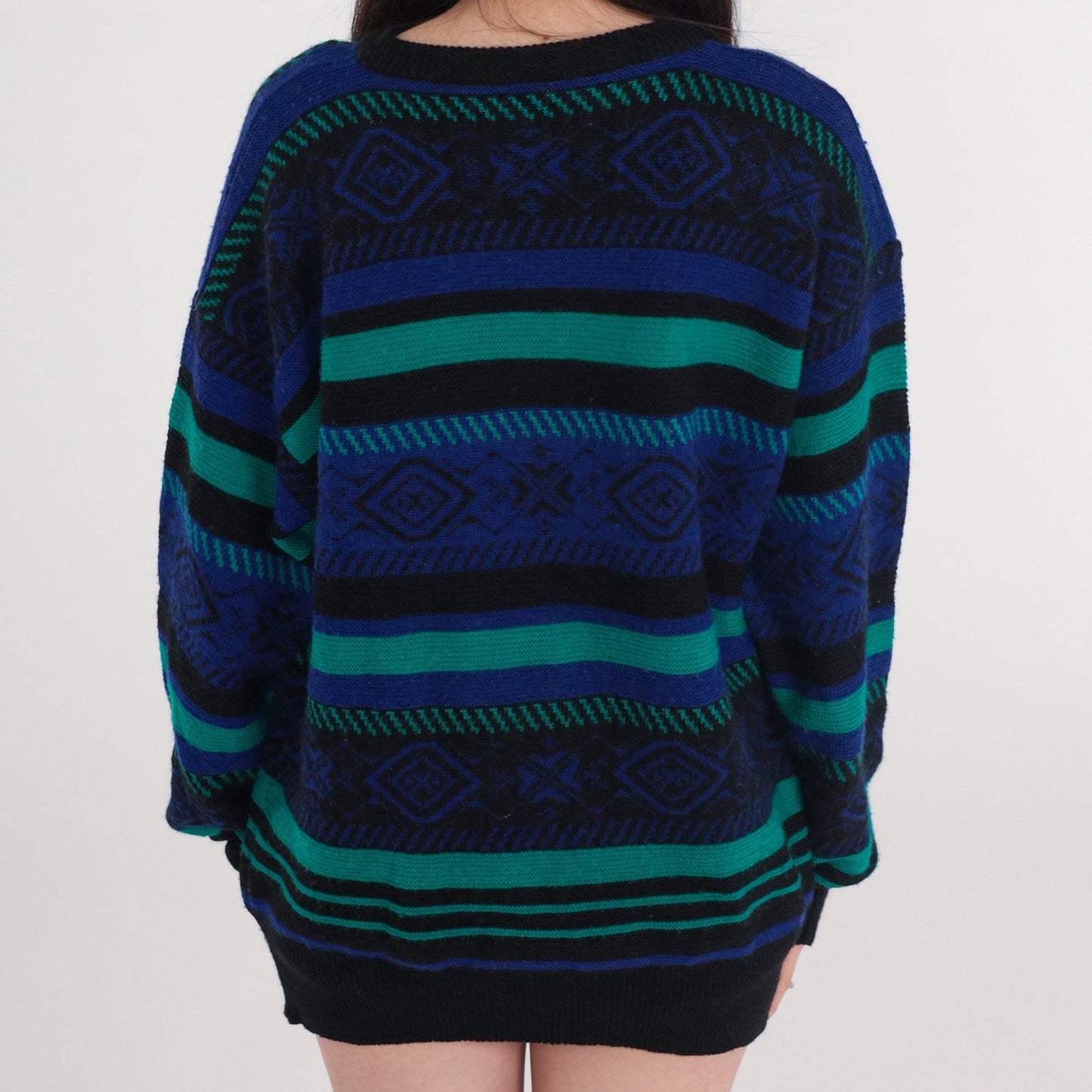 90s Meister Geometric Striped Sweater Black Purple Green Wool Blend Medium
