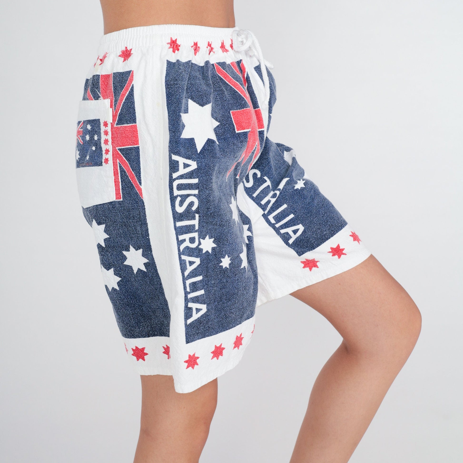 90s Australia Flag Print Drawstring Shorts Cotton High Waist Small Medium
