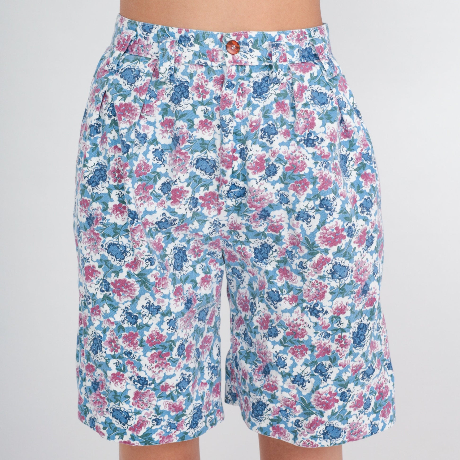 90s Hunters Run Floral Shorts High Waist White Blue Pink Knee Length Small