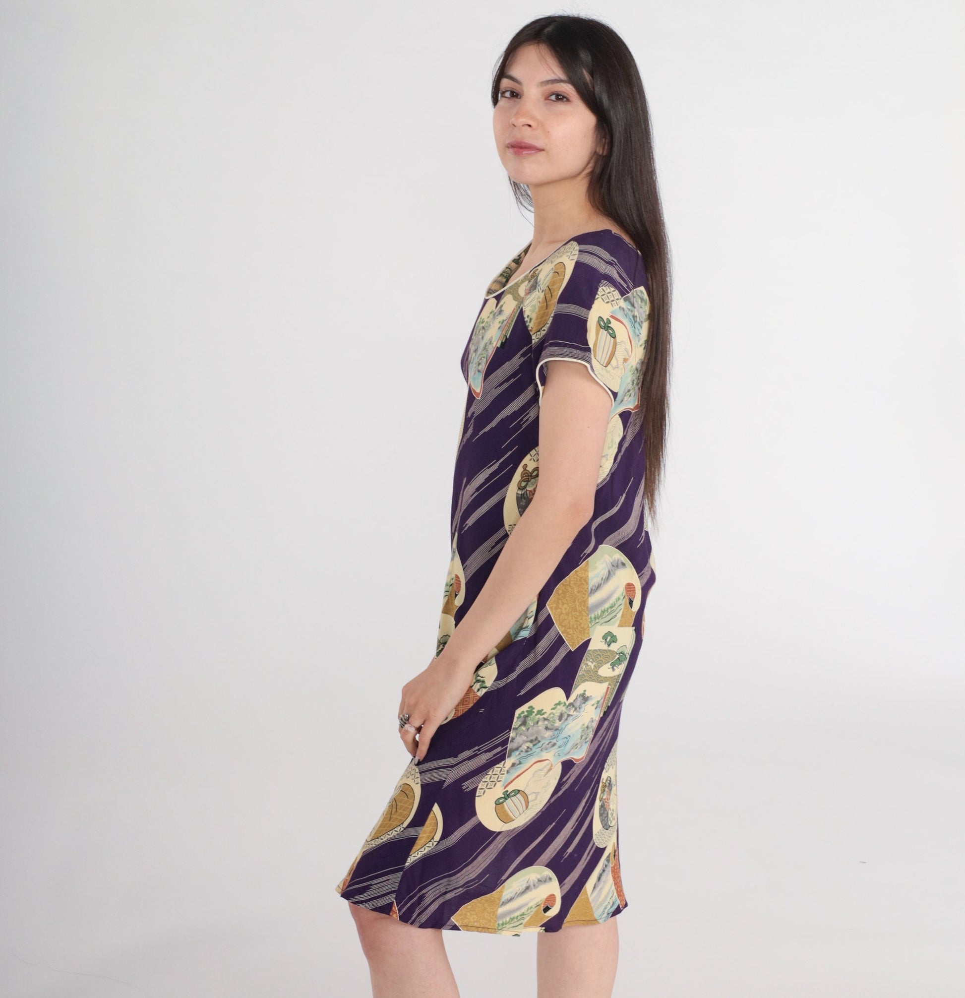 90s Japanese Landscape Purple Shift Dress Mini Short Sleeve Small S