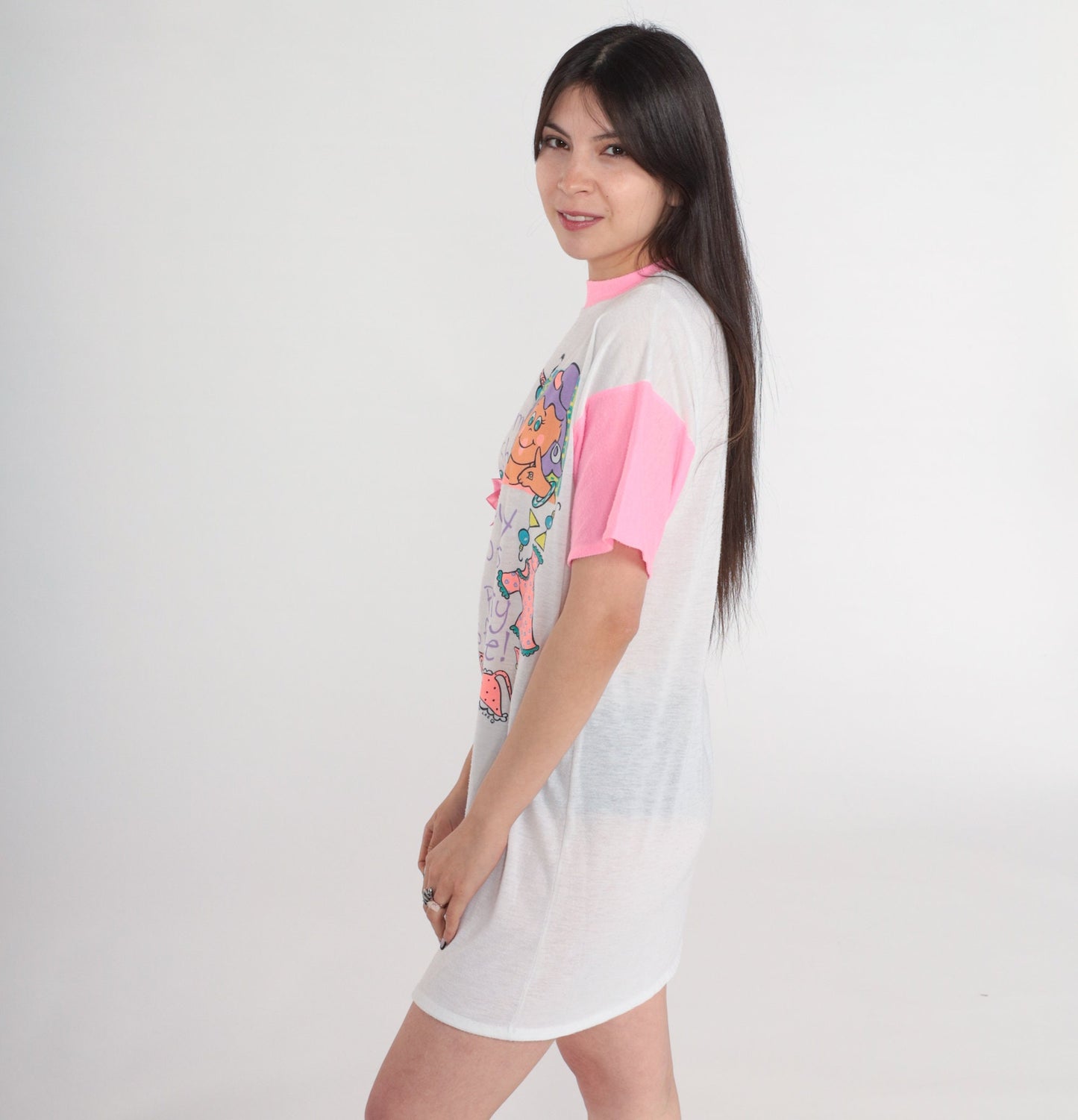 90s Time To Shop Graphic Nightgown Hot Pink Ringer Dress Small Medium