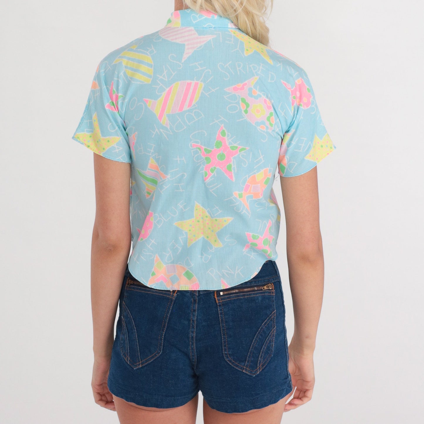 90s School Print Button-Up Blouse Star Fish Chalkboard Blue 2XS