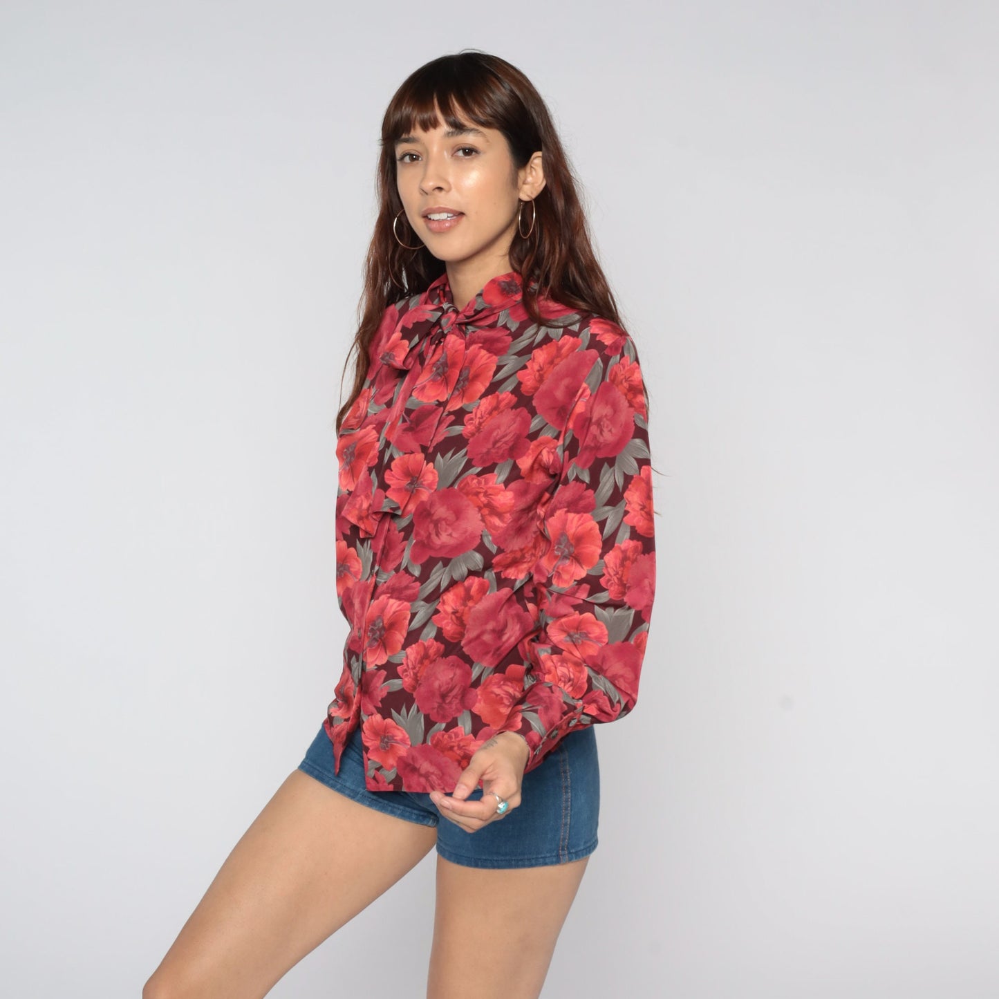 80s Jaeger Floral Ascot Blouse Red Button-Up Long Sleeve Small