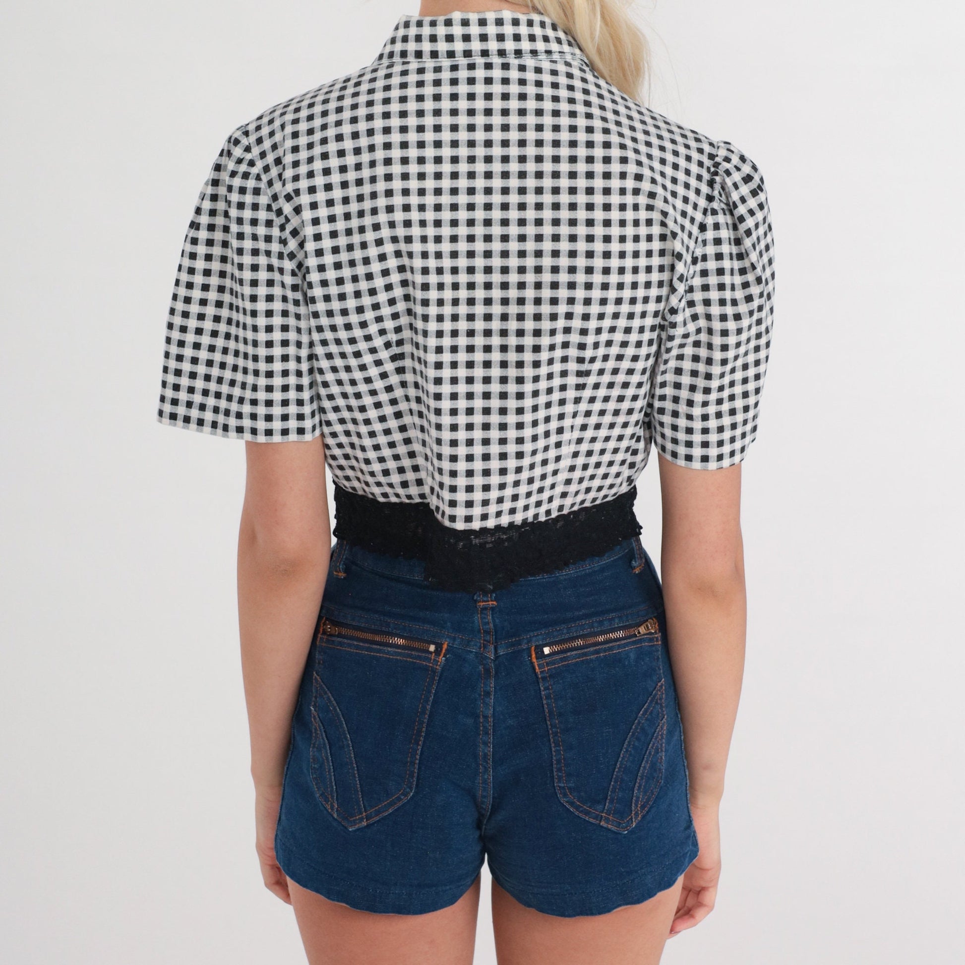 80s Black White Gingham Crop Top Tie Front Button Up Cotton Small
