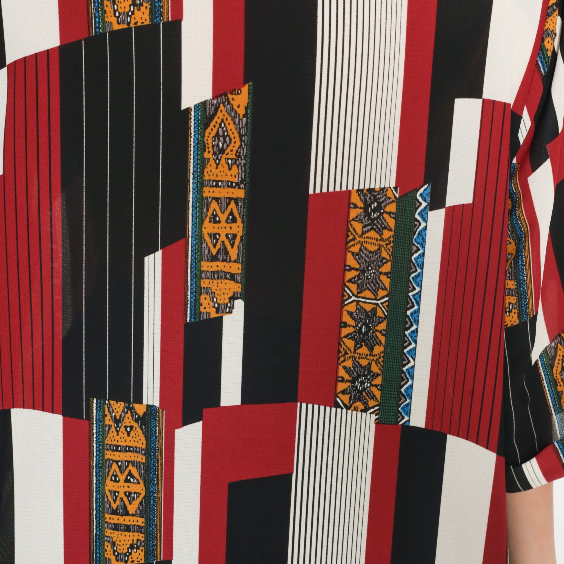 80s Geometric Striped Button Up Shirt Red Black White Yellow Large L