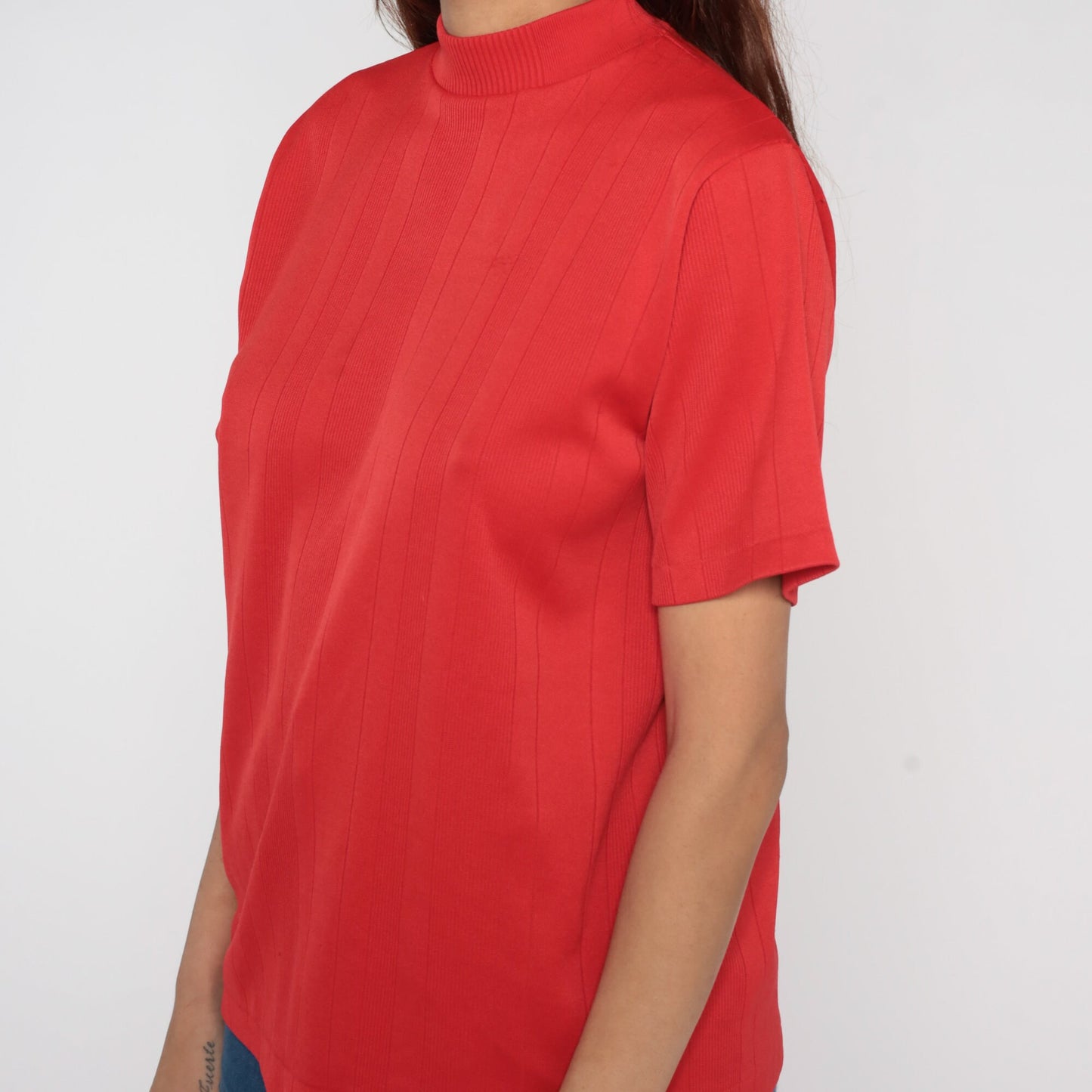 70s Red Mock Neck Ribbed Shirt Short Sleeve Vintage Blouse Medium Large