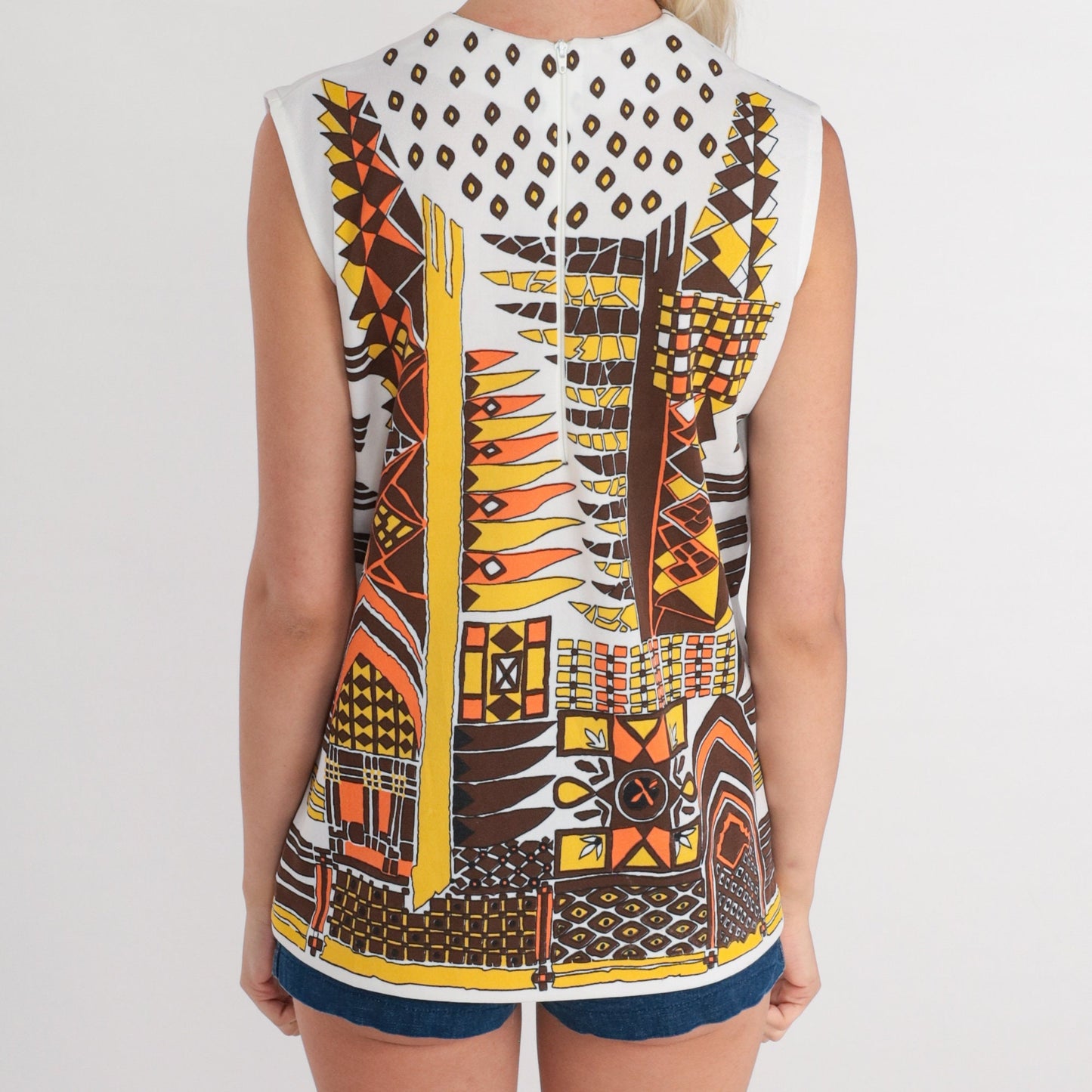 70s Abstract Print Tank Top Sleeveless Blouse White Medium