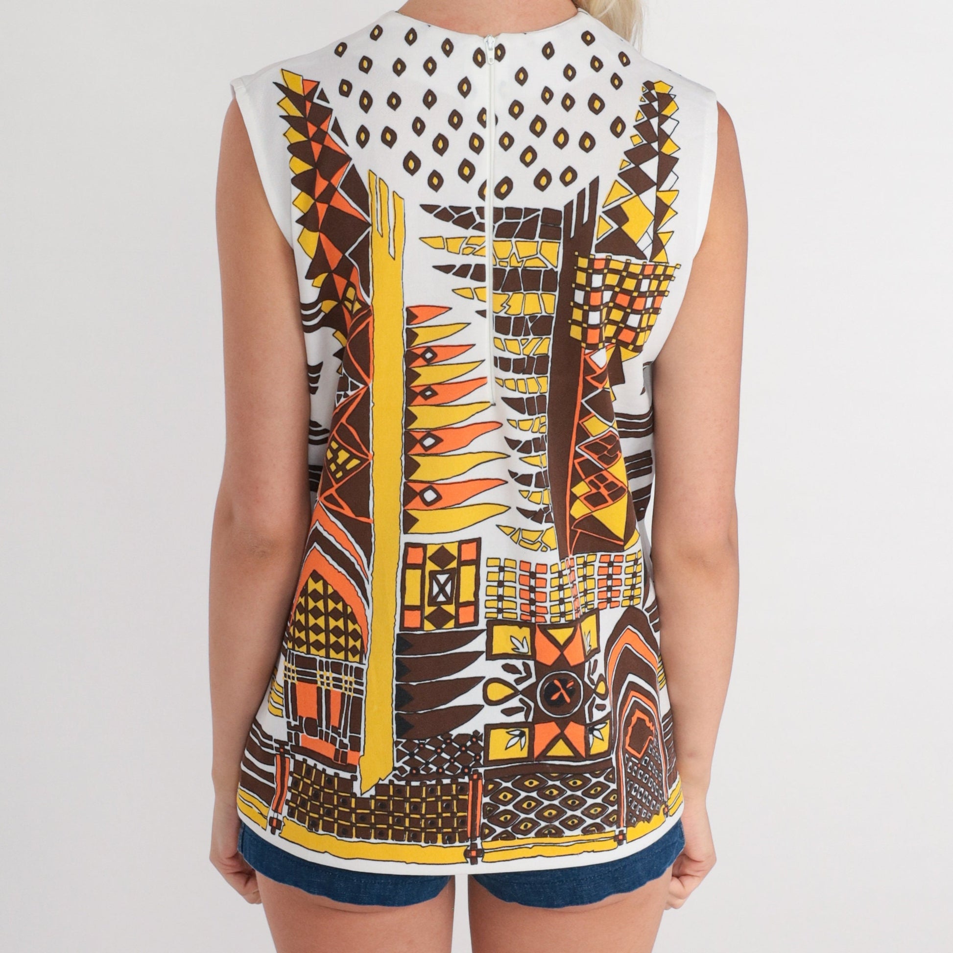 70s Abstract Print Tank Top Sleeveless Blouse White Medium