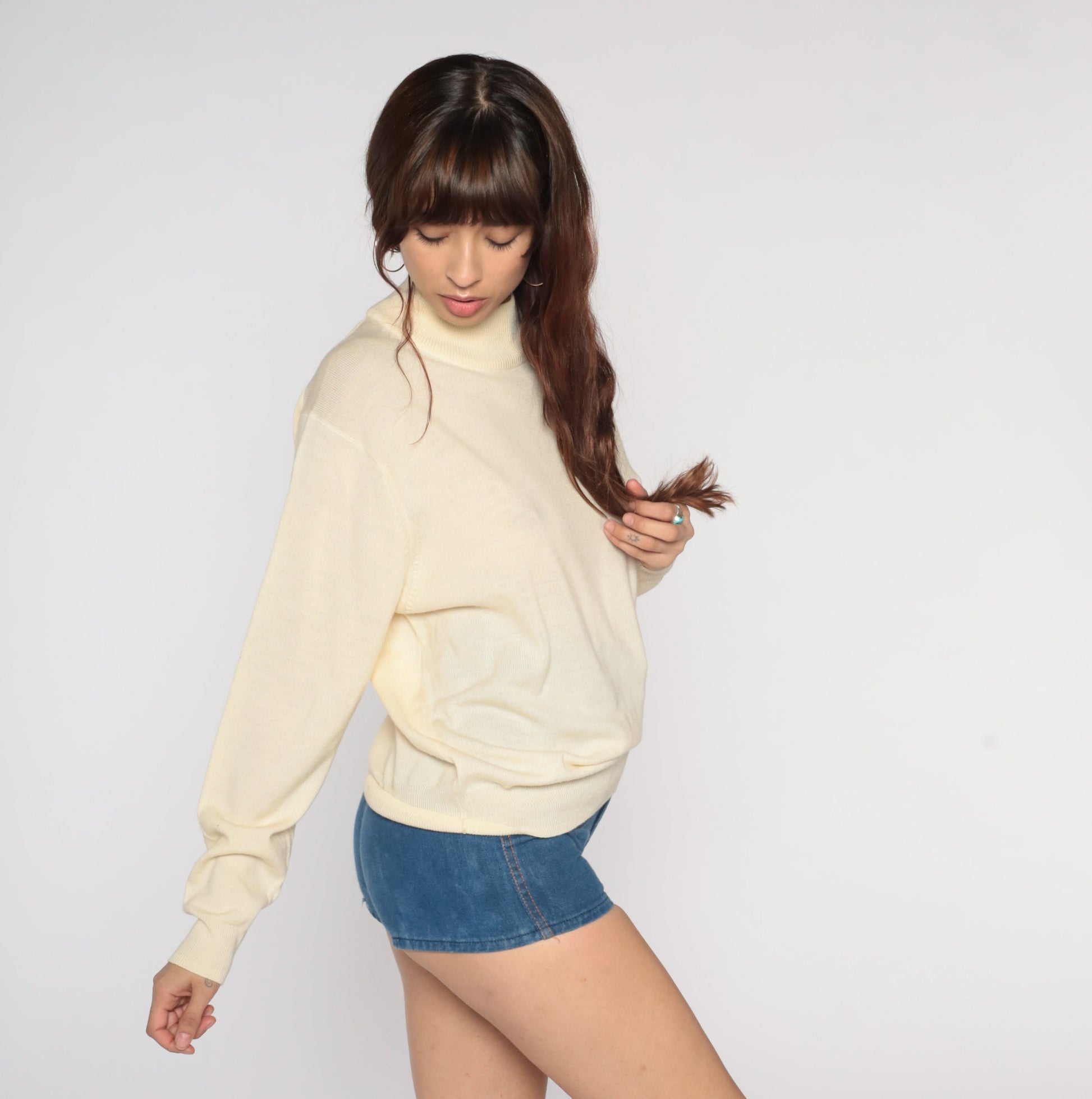 Y2K Merino Wool Mock Neck Sweater Cream Semi-Sheer Knit Small S