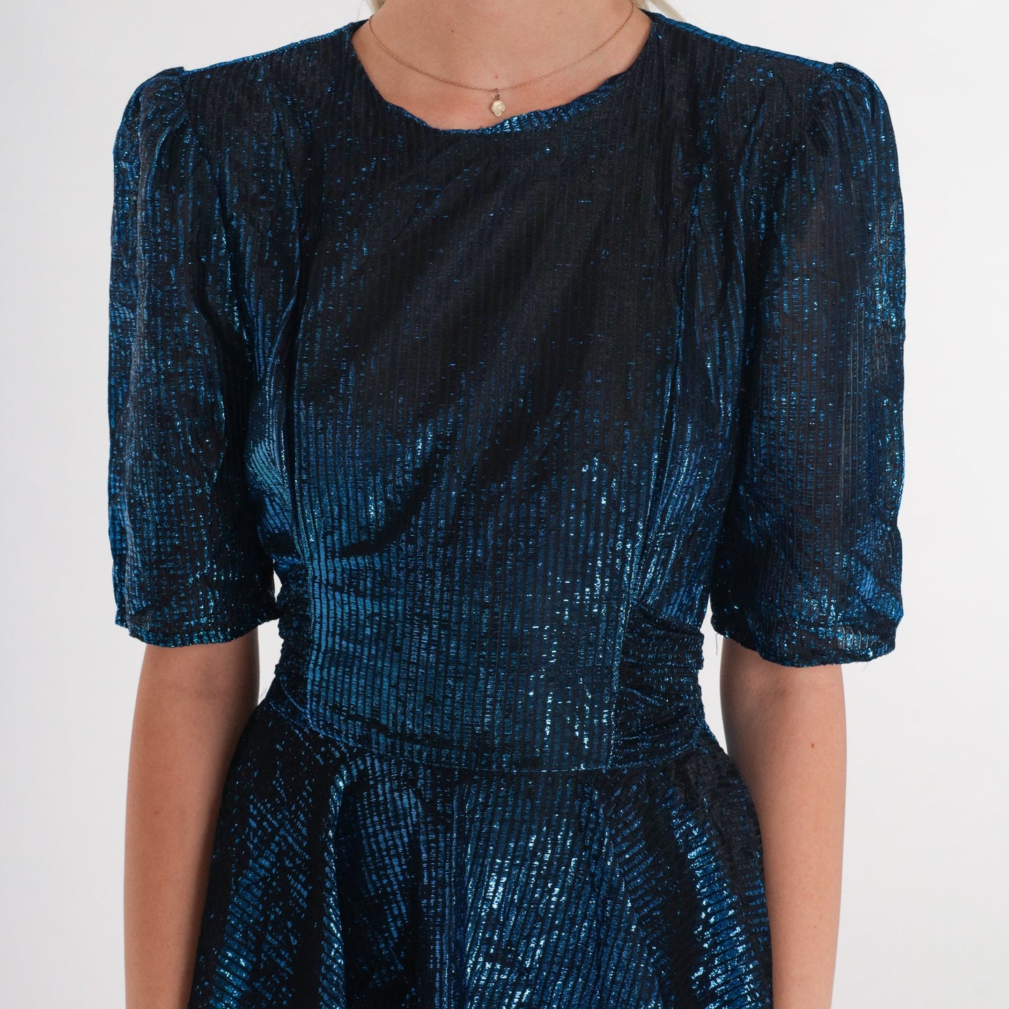 80s Diamonds Run Metallic Peplum Midi Dress Blue Black Puff Sleeve Small
