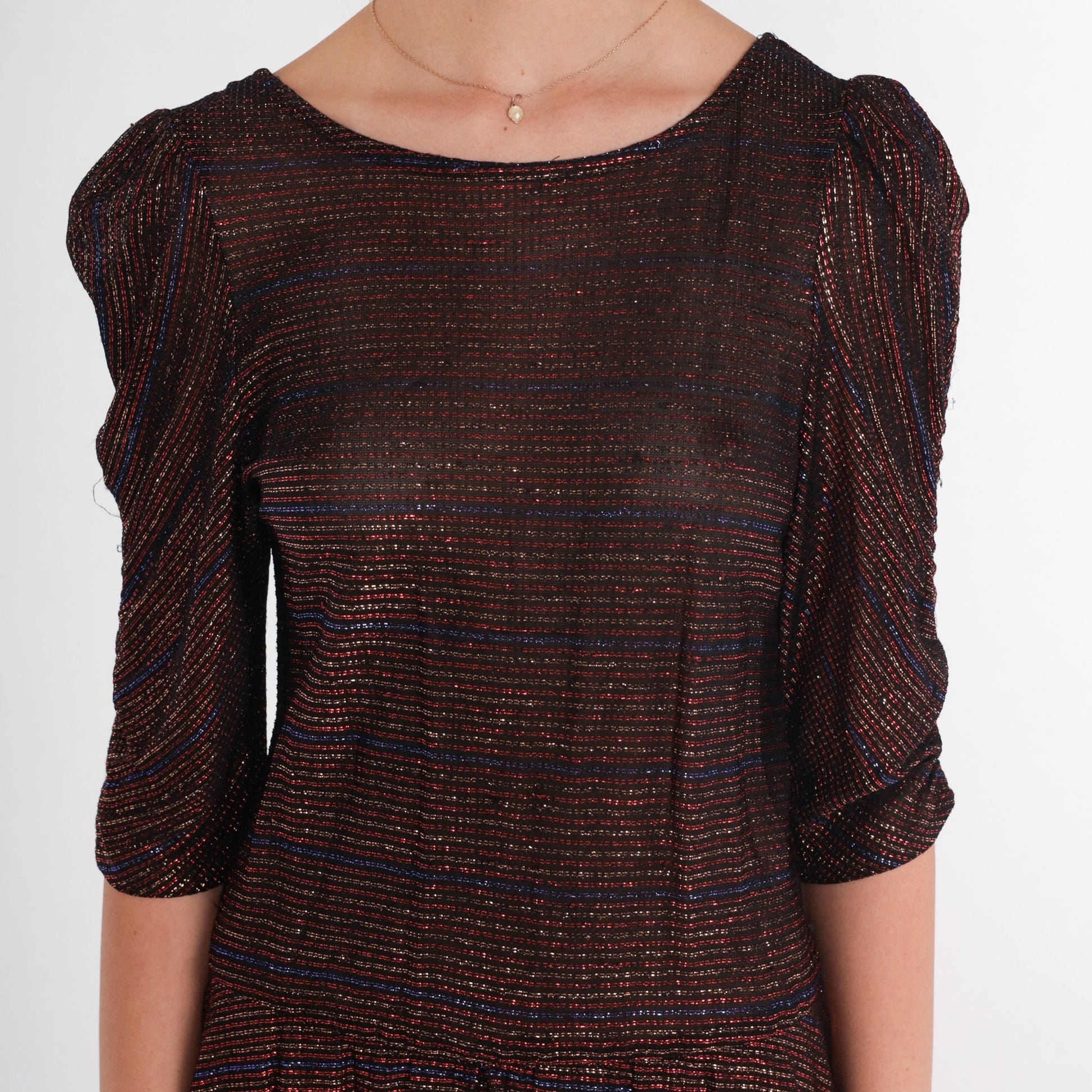 70s Metallic Peplum Midi Dress Puff Sleeve Sparkly Party Cocktail Small S