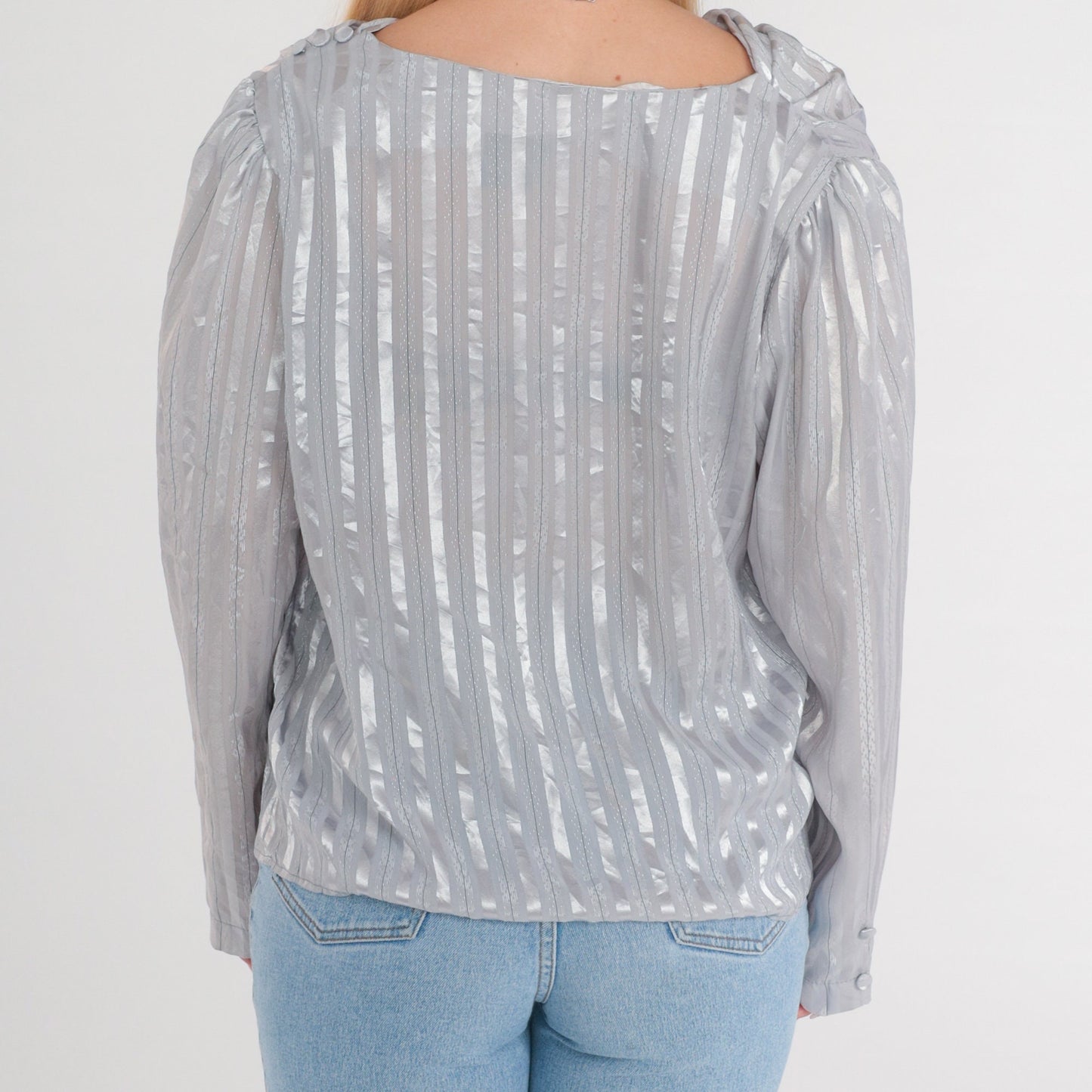 80s Metallic Silver Striped Cowl Neck Blouse Long Sleeve Semi-Sheer Large L