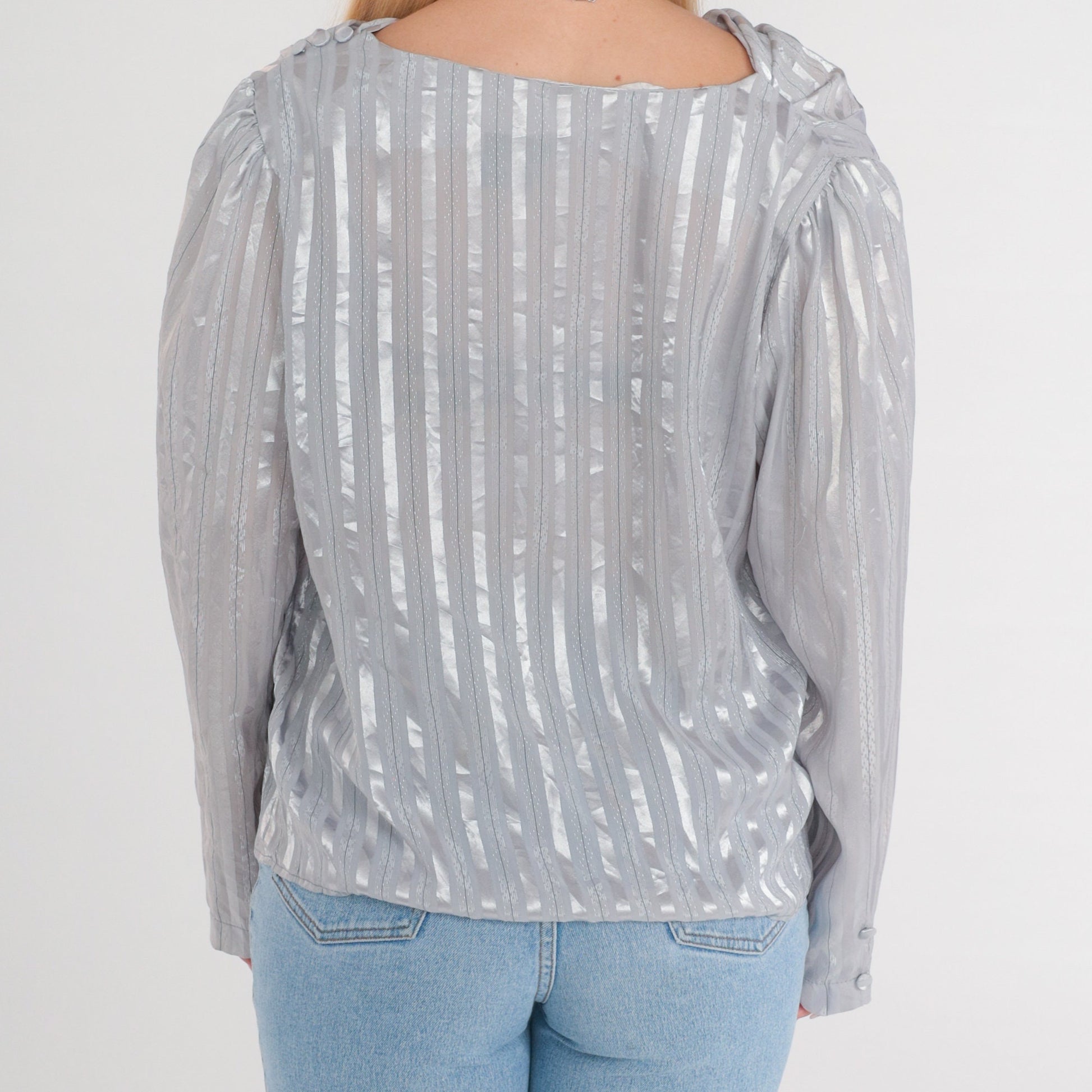 80s Metallic Silver Striped Cowl Neck Blouse Long Sleeve Semi-Sheer Large L