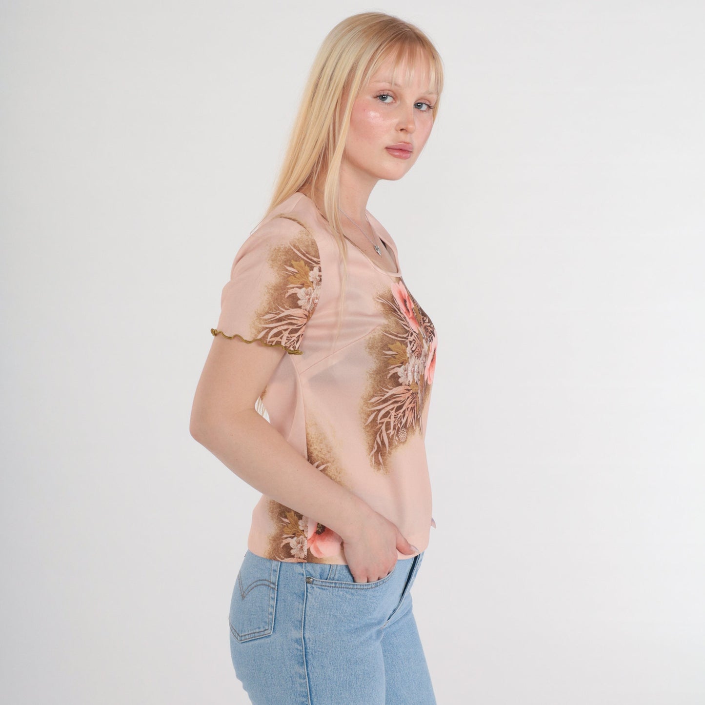 70s Pink Floral Graphic Tee Scoop Neck Lettuce Edge Short Sleeve Small