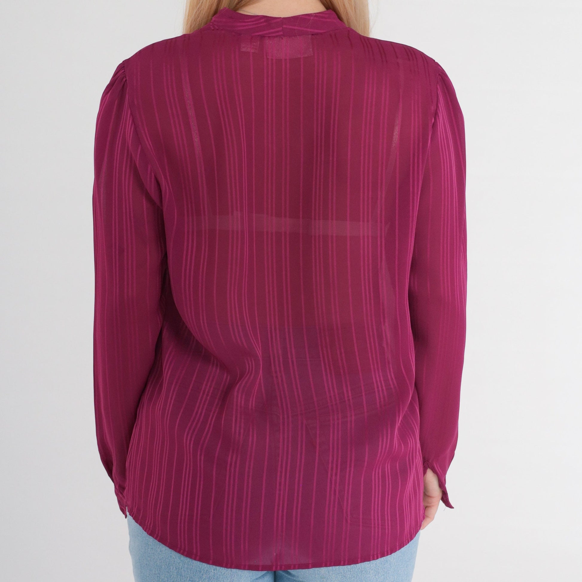80s Purple Striped Semi-Sheer Blouse V-Neck Button-Up Long Sleeve Medium